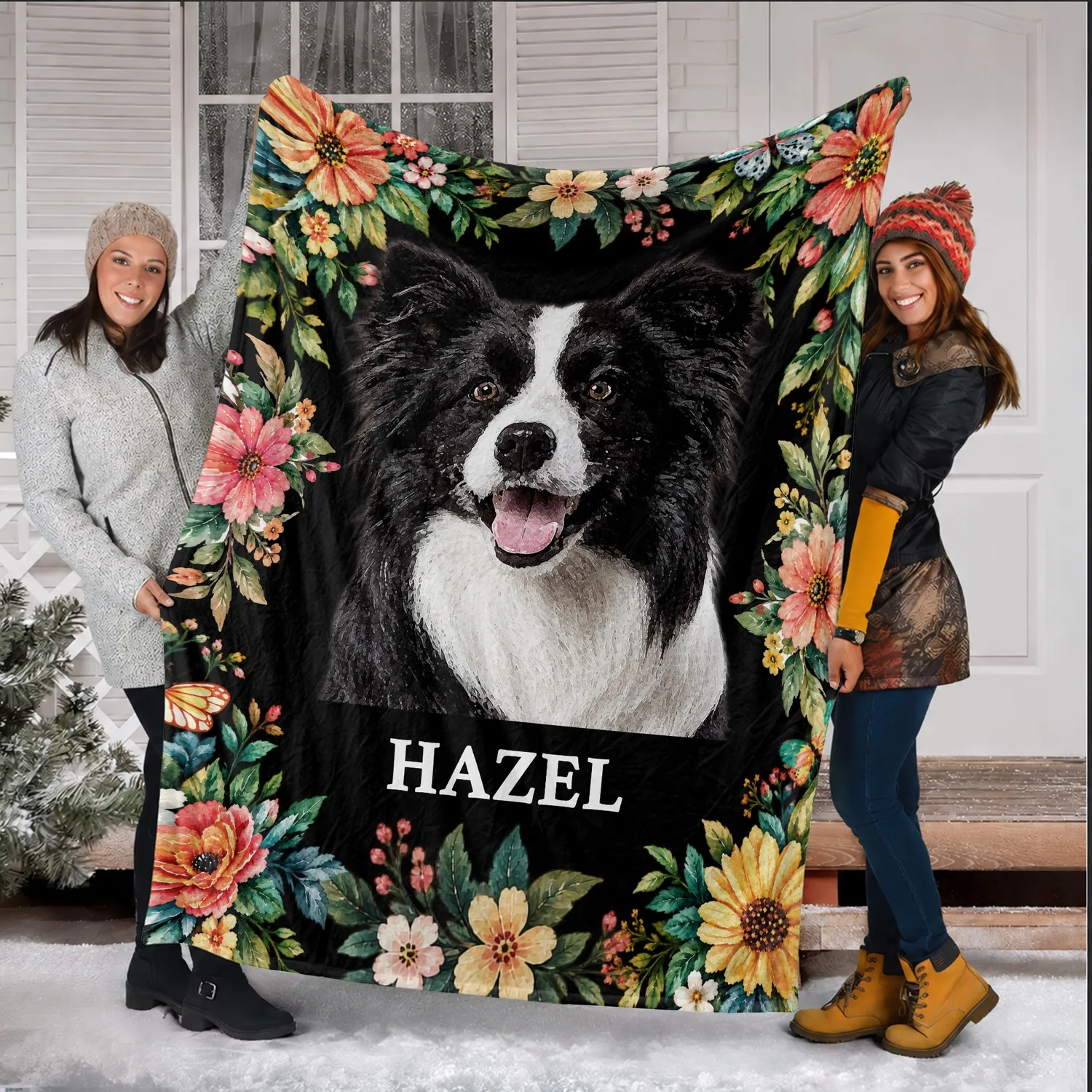 Personalized Black Floral Dog Portrait Blanket – Custom Pet Photo Fleece Throw with Name, Christmas Gift for Dog Mom - 1