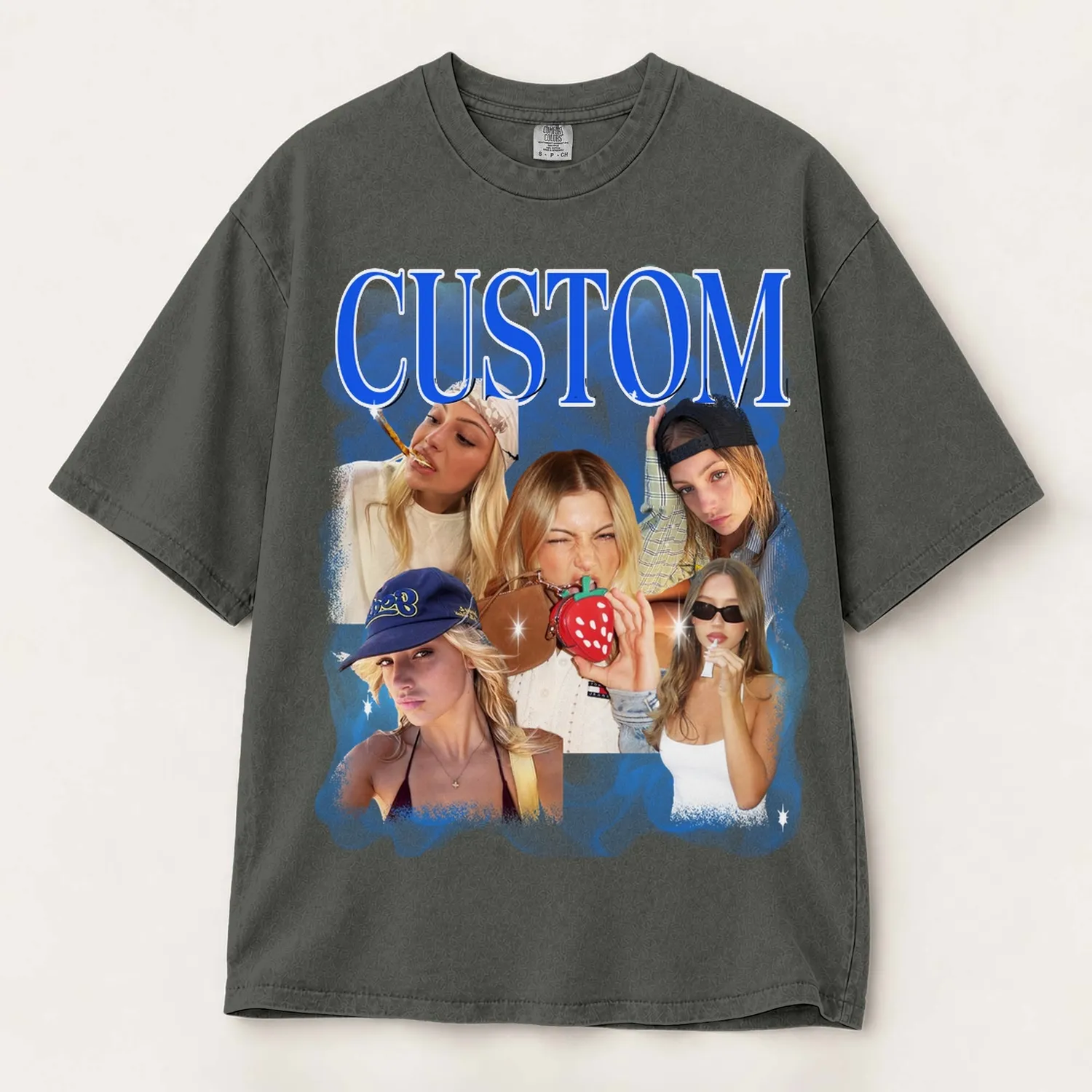 Personalized Bootleg Tee – Custom Photos & Name, Y2K Chrome Smoke Cloud Photo Collage Birthday Gift - 1