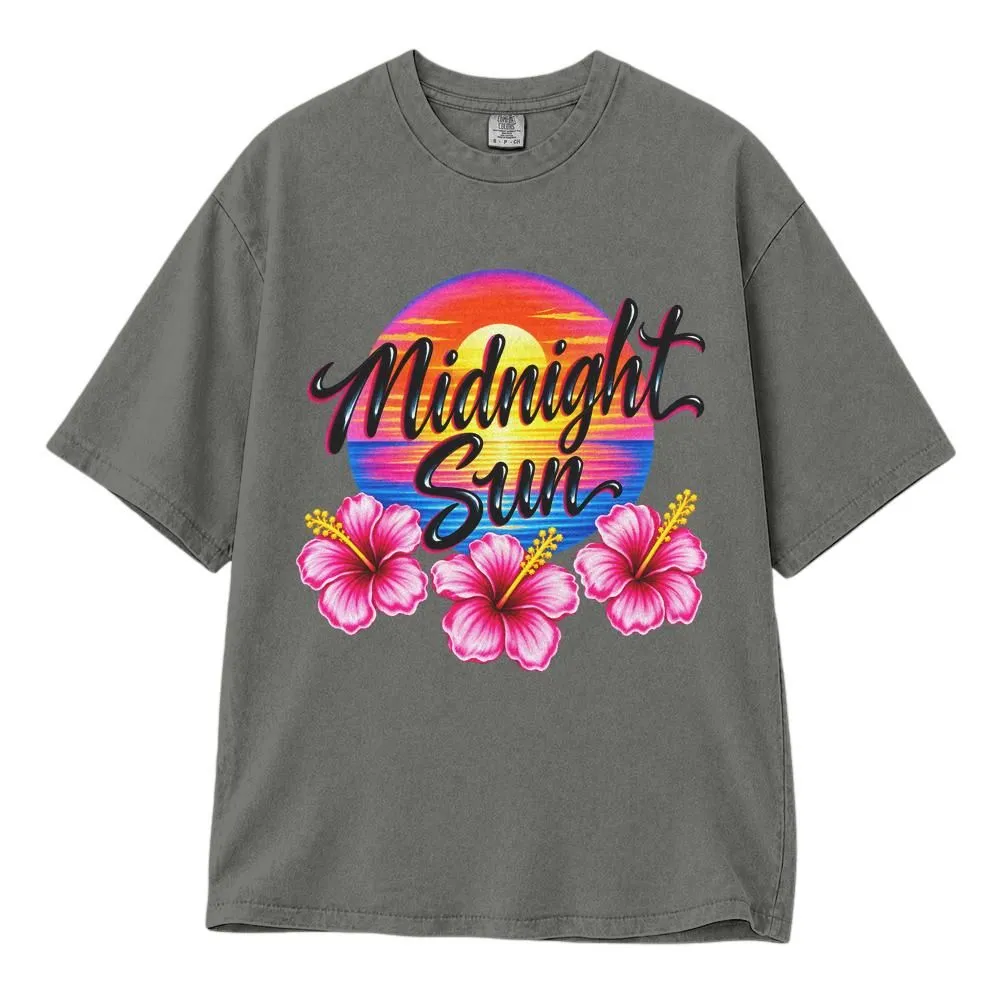 Midnight Sun Beach Shirt with Airbrush Sunset and Hibiscus Flowers, Retro Tropical Summer Tee, Hoodie, Sweatshirt - 1
