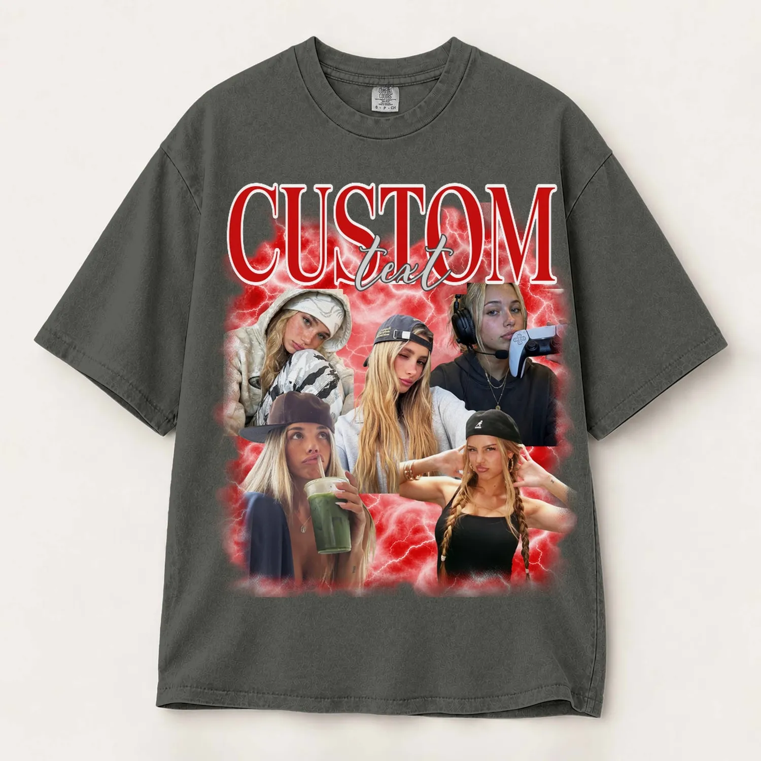 Personalized Bootleg Tee – Custom Photos, Name & Text, Y2K Chrome Electric Storm Photo Collage Best Friend Birthday Gift - 1