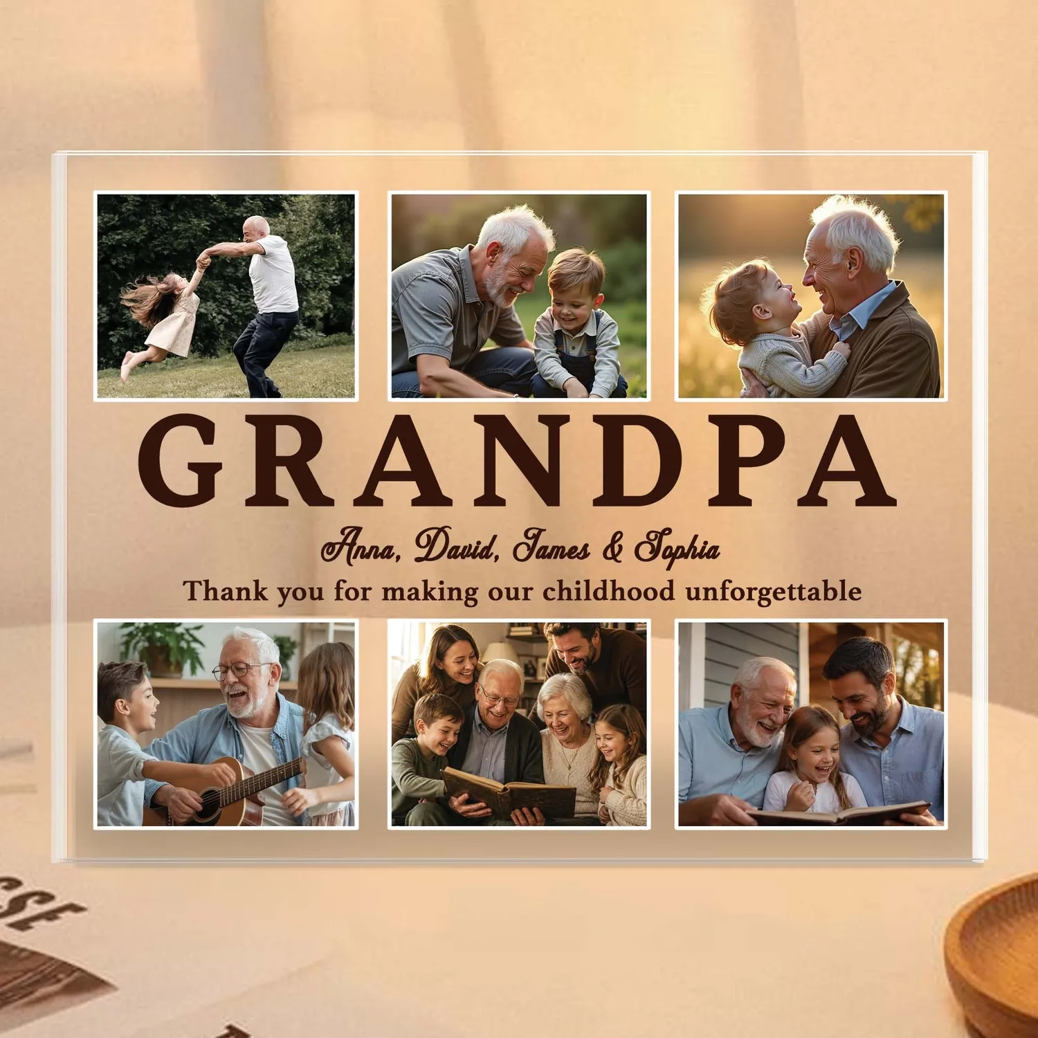 Personalized Grandpa Photo Collage Acrylic Plaque – Custom 6 Photo Grandkids Names Keepsake for Papa, Christmas Gift - 1