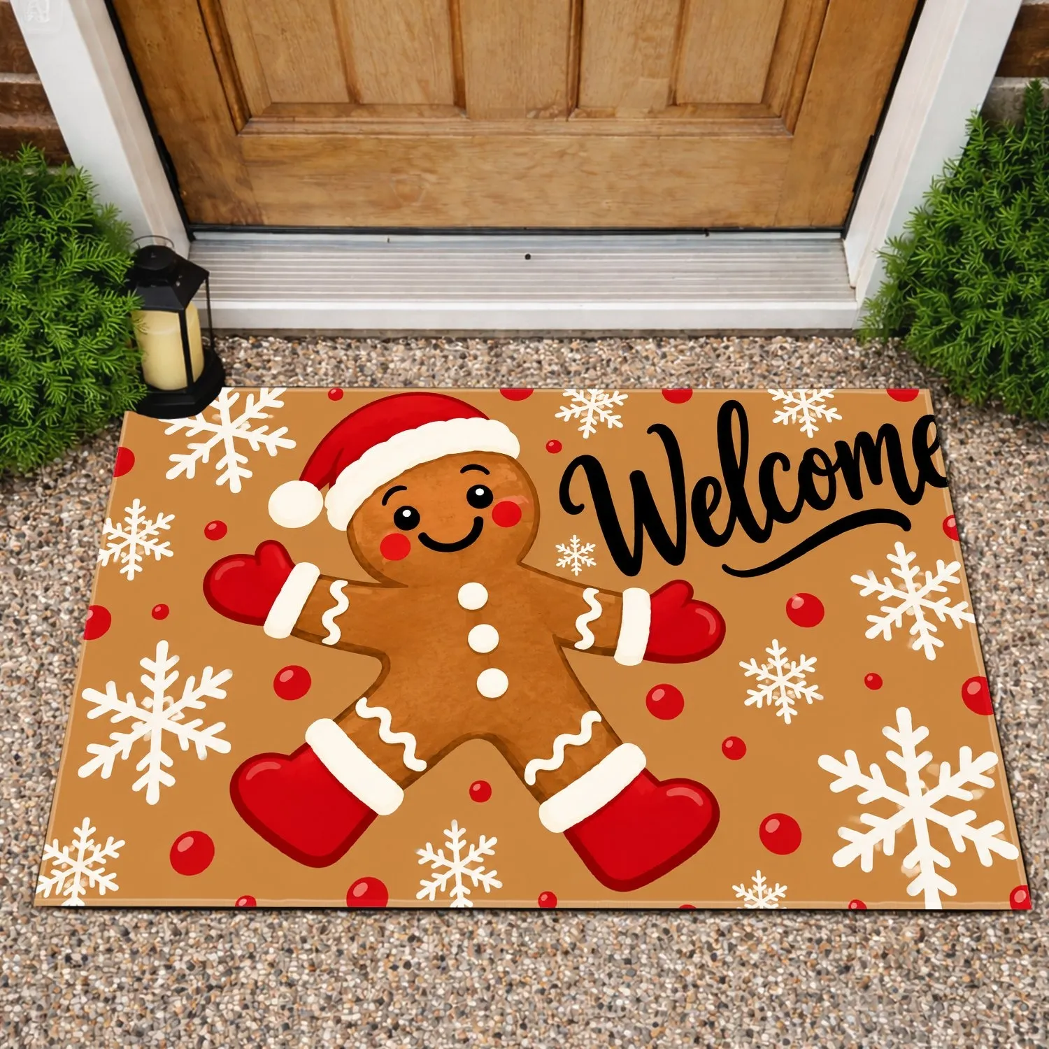 Gingerbread Man And Snowflakes Christmas Welcome Scene For A Cozy Holiday Entryway Doormat - 1