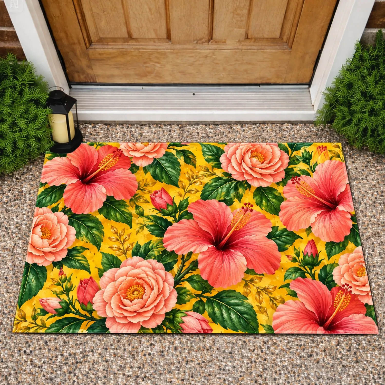 Coral Hibiscus And Peach Roses For Cheerful Cottage Garden Entryways Doormat - 1
