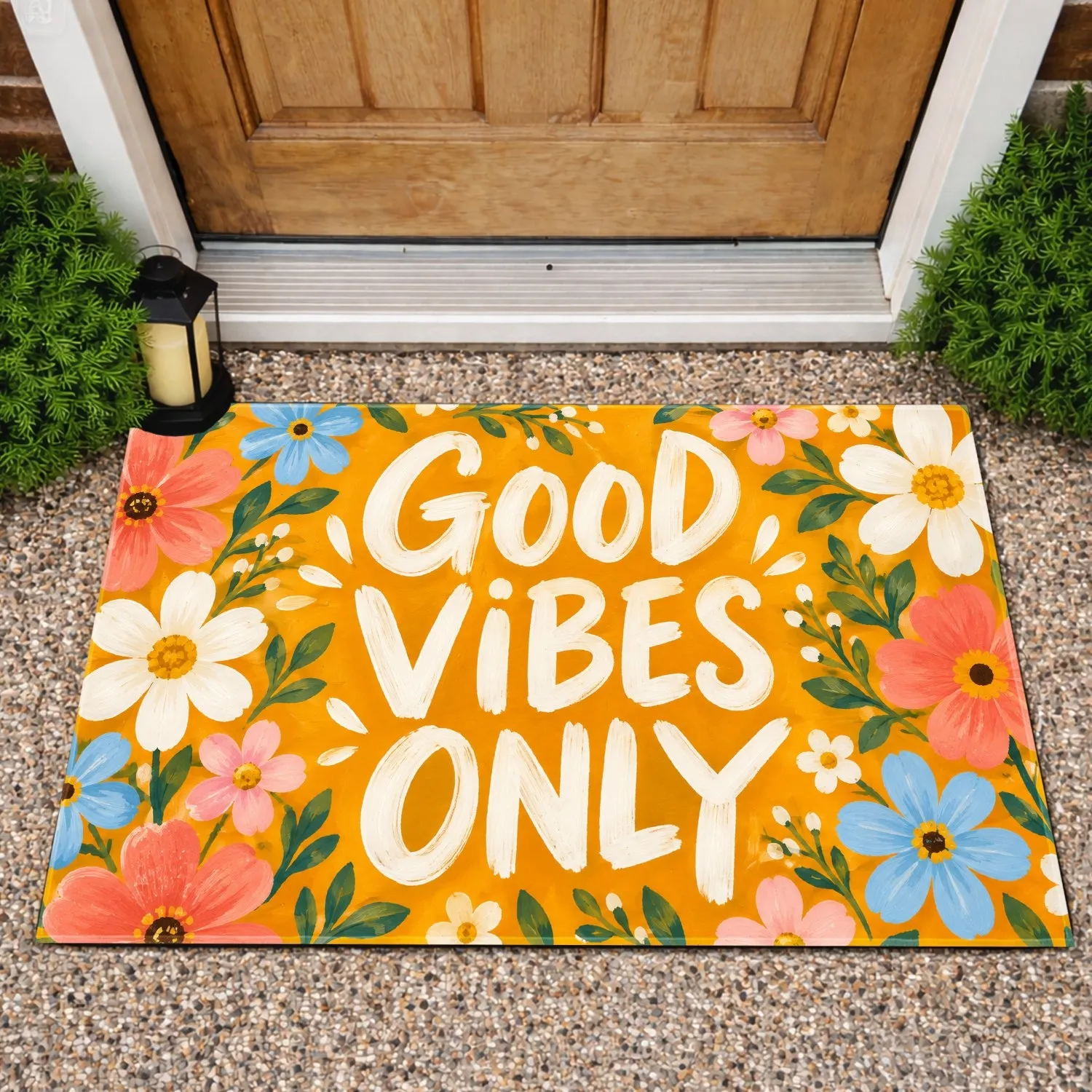 Orange Floral Good Vibes Only Garden Style for Cheerful Everyday Home Entryways Doormat - 1