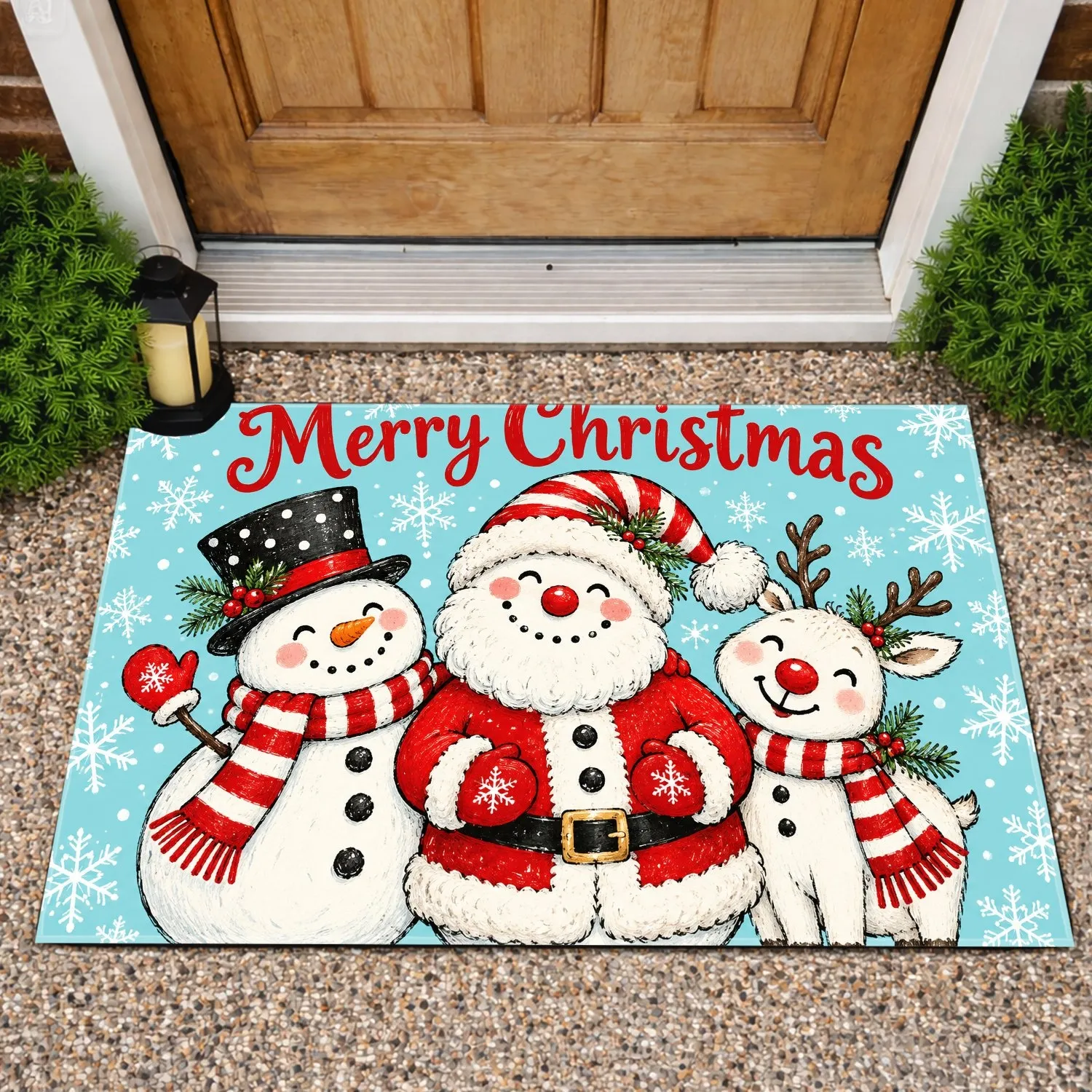Snowman and Reindeer Christmas Scene for Cheerful Winter Holiday Home Celebrations Doormat - 1
