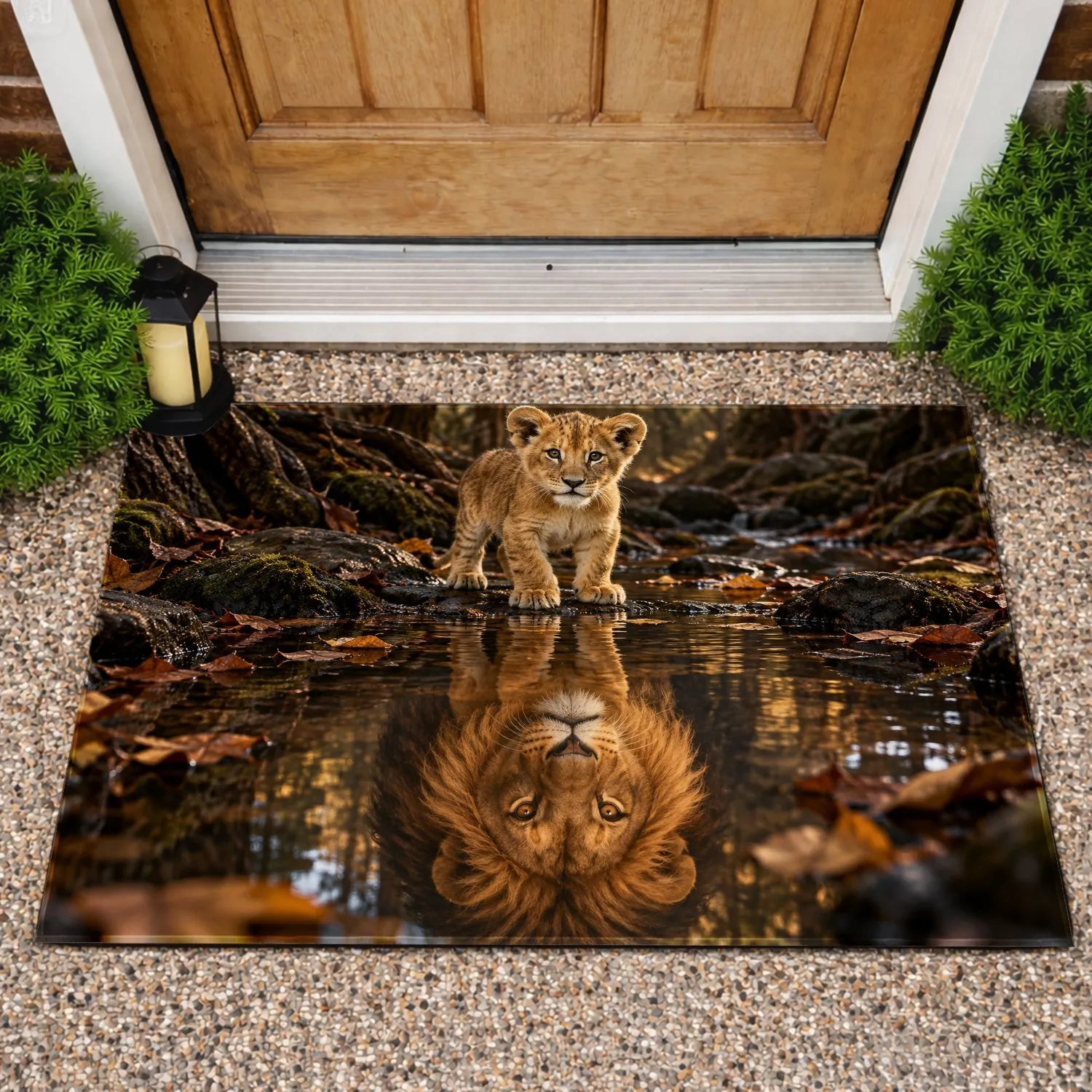 Lion Cub and Lion Reflection for Wildlife Lovers and Nature-Inspired Home Decorating Doormat - 1