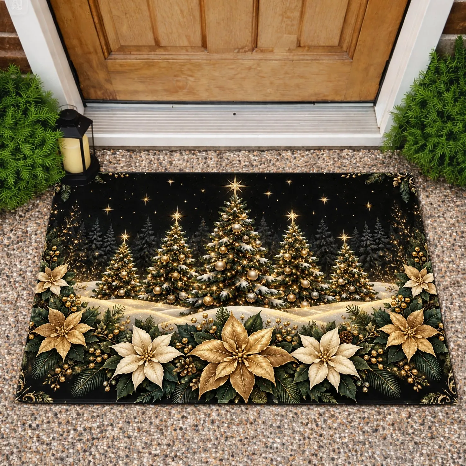 Golden Christmas Trees and Poinsettias for Elegant Holiday Season Home Decor Style Doormat - 1