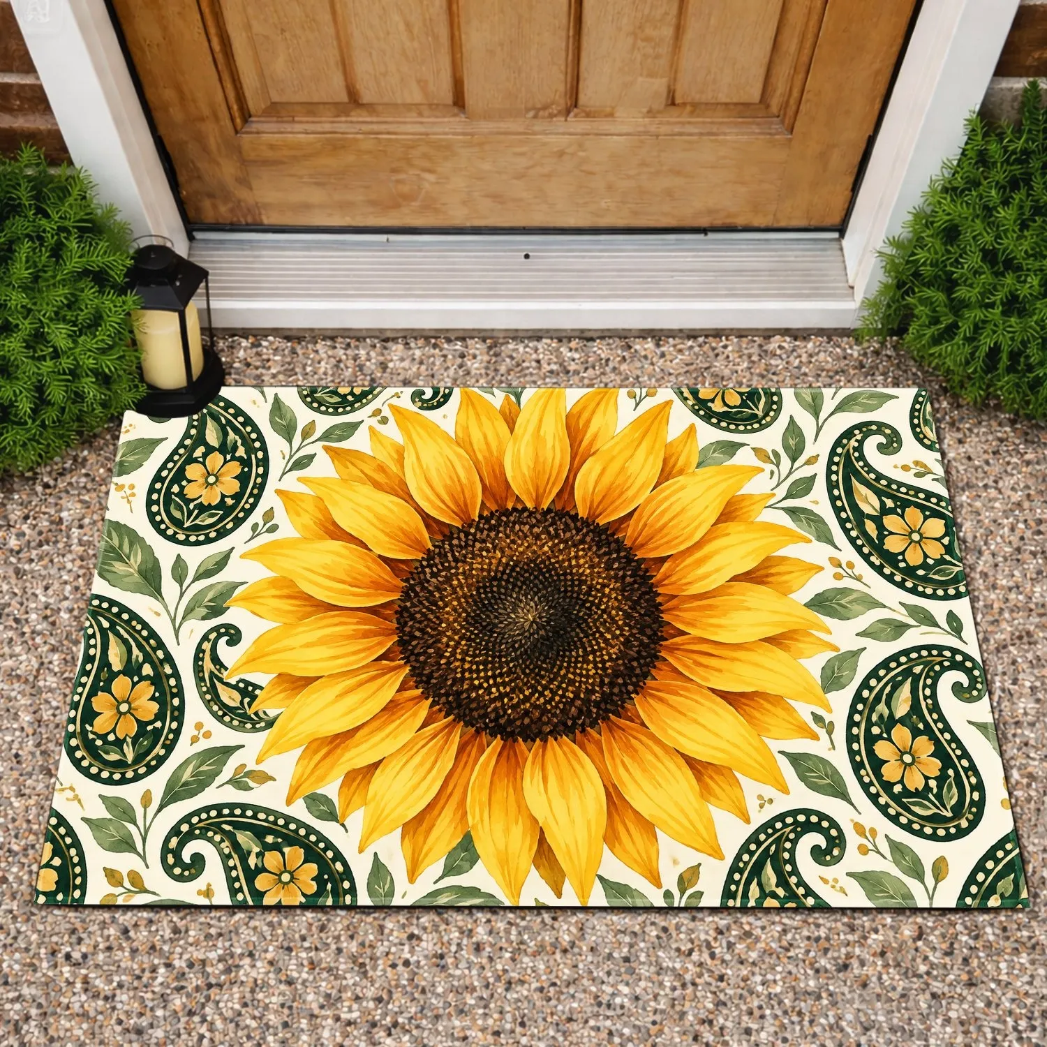 Golden Sunflower With Green Paisley Accents for Cheerful Farmhouse Entryway Style Doormat - 1