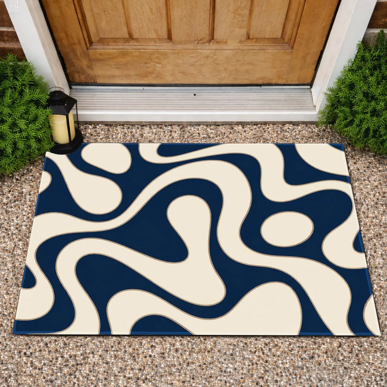 Navy Blue and Ivory Organic Curves for Calm Coastal Entryway and Modern Home Style Doormat - 1