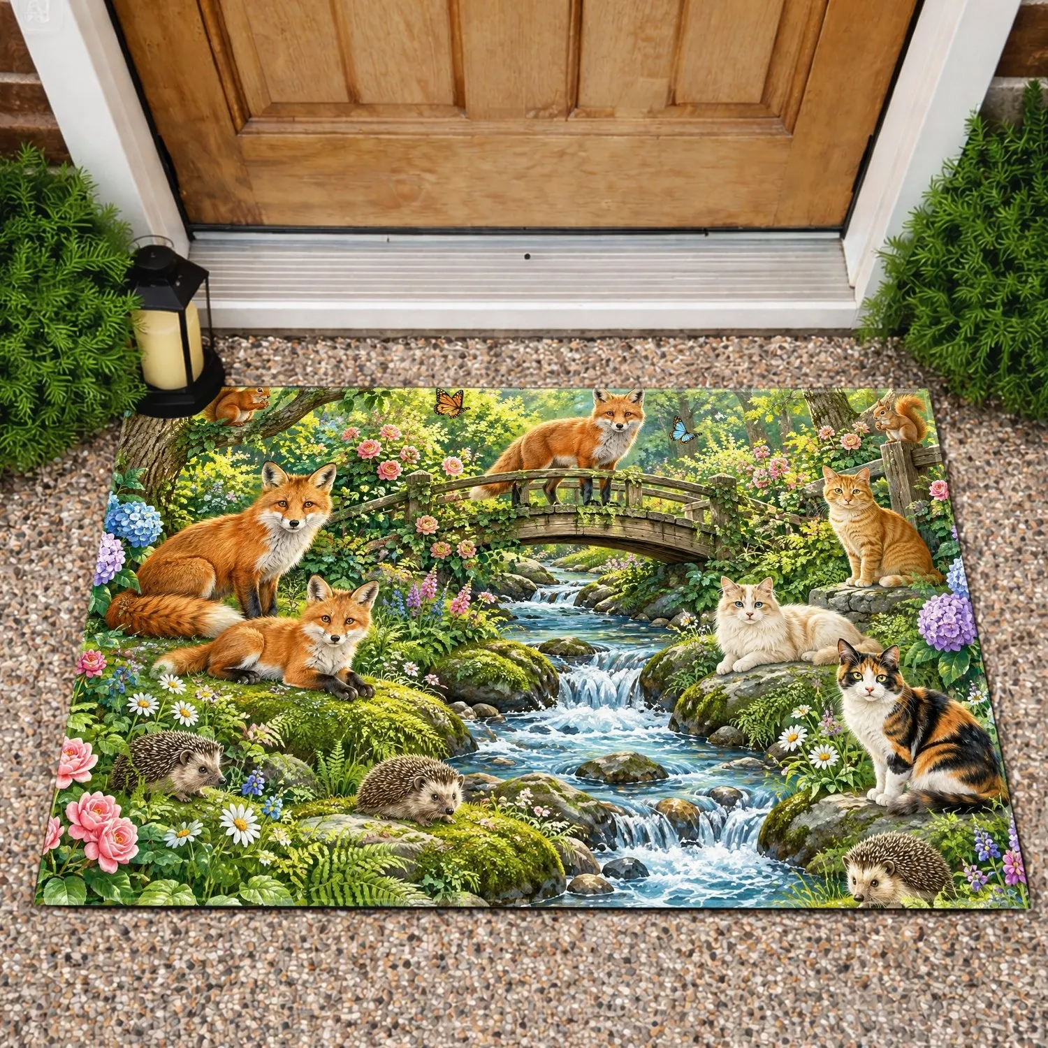 Woodland Foxes, Cats And Hedgehogs Beside A Garden Stream For Nature-Loving Homes Doormat - 1