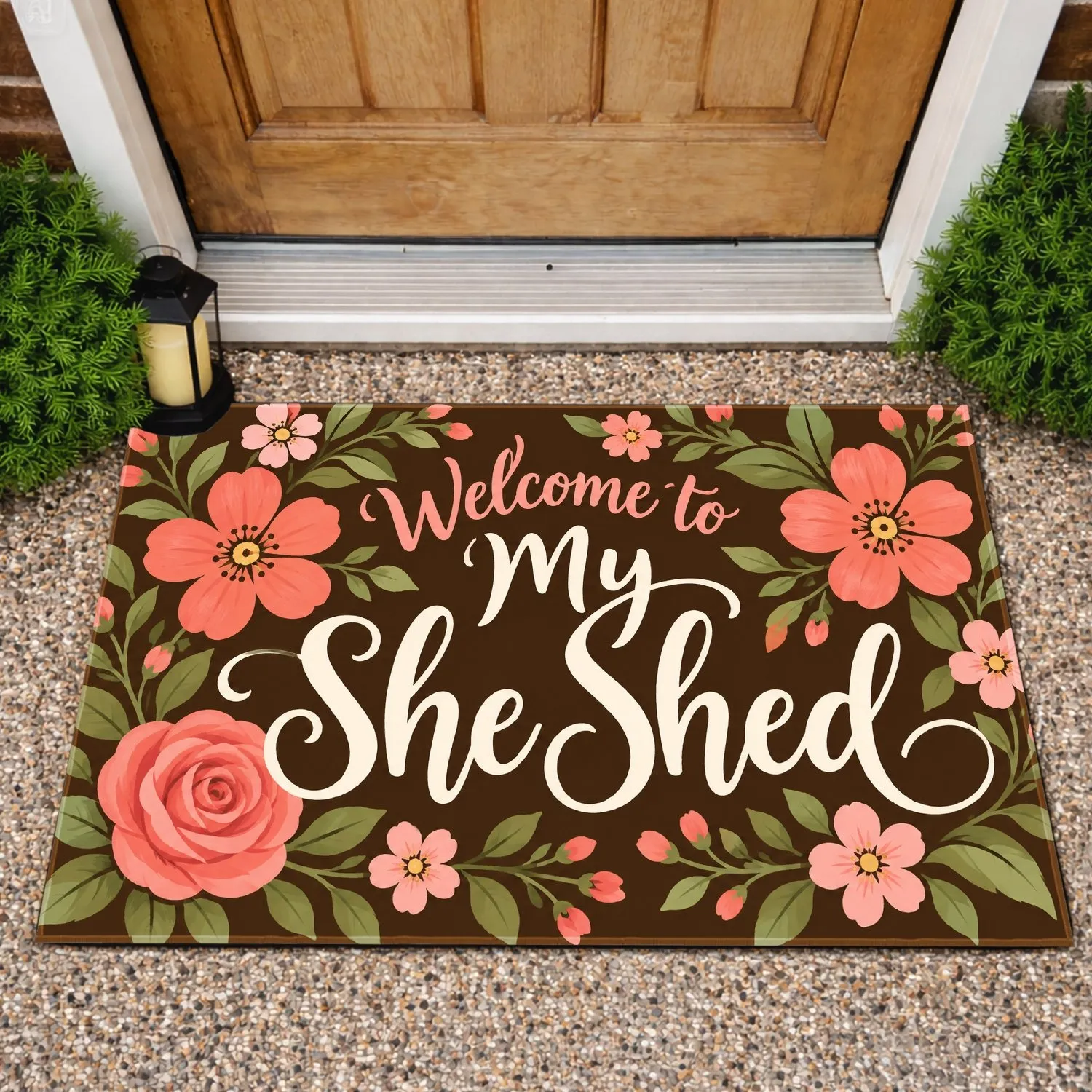 Floral She Shed Script and Rose Motifs for a Cozy Garden Retreat Welcome Doormat - 1
