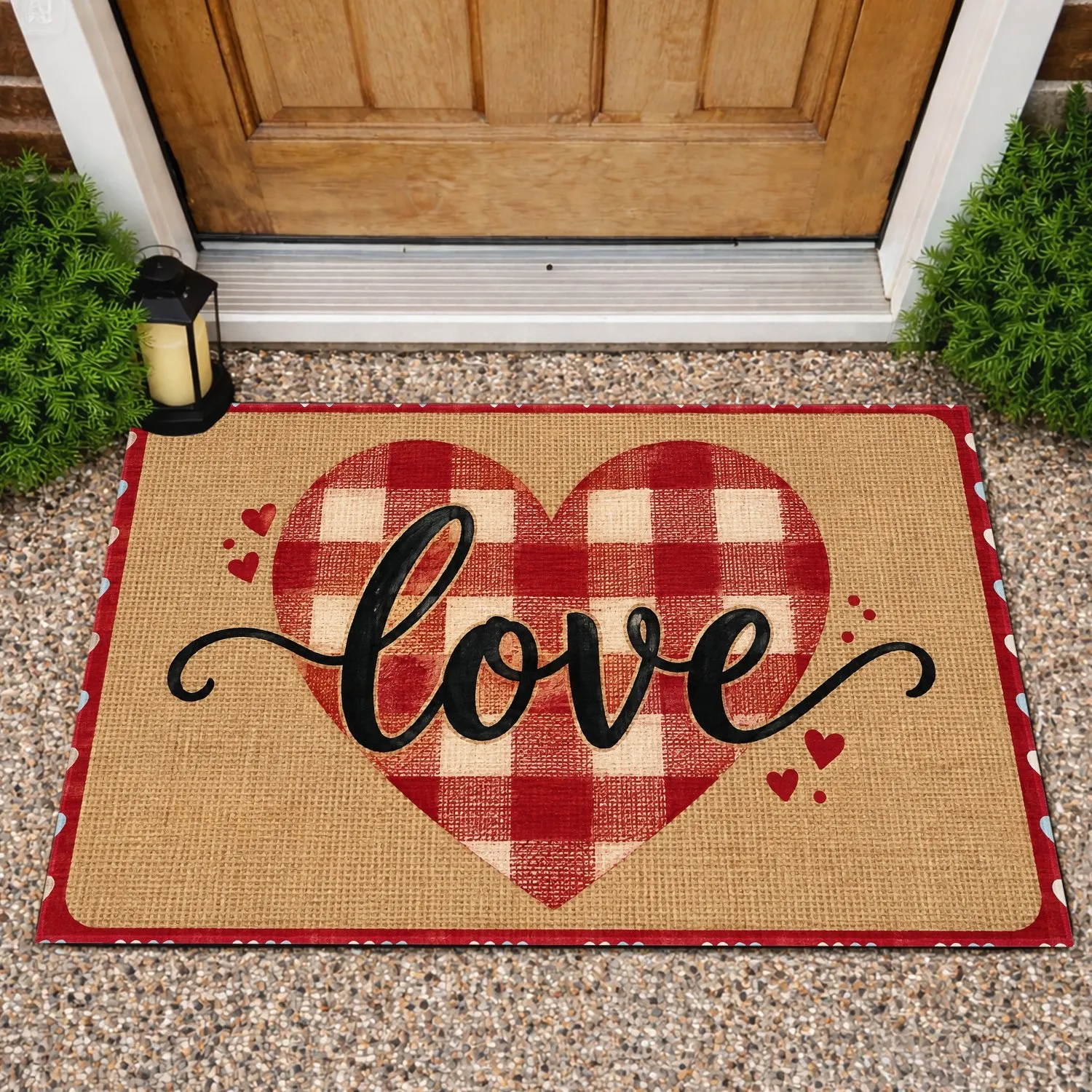 Red Plaid Heart Love Valentine’s Day Romance Gift for Couples and Sweetheart Homes Doormat - 1