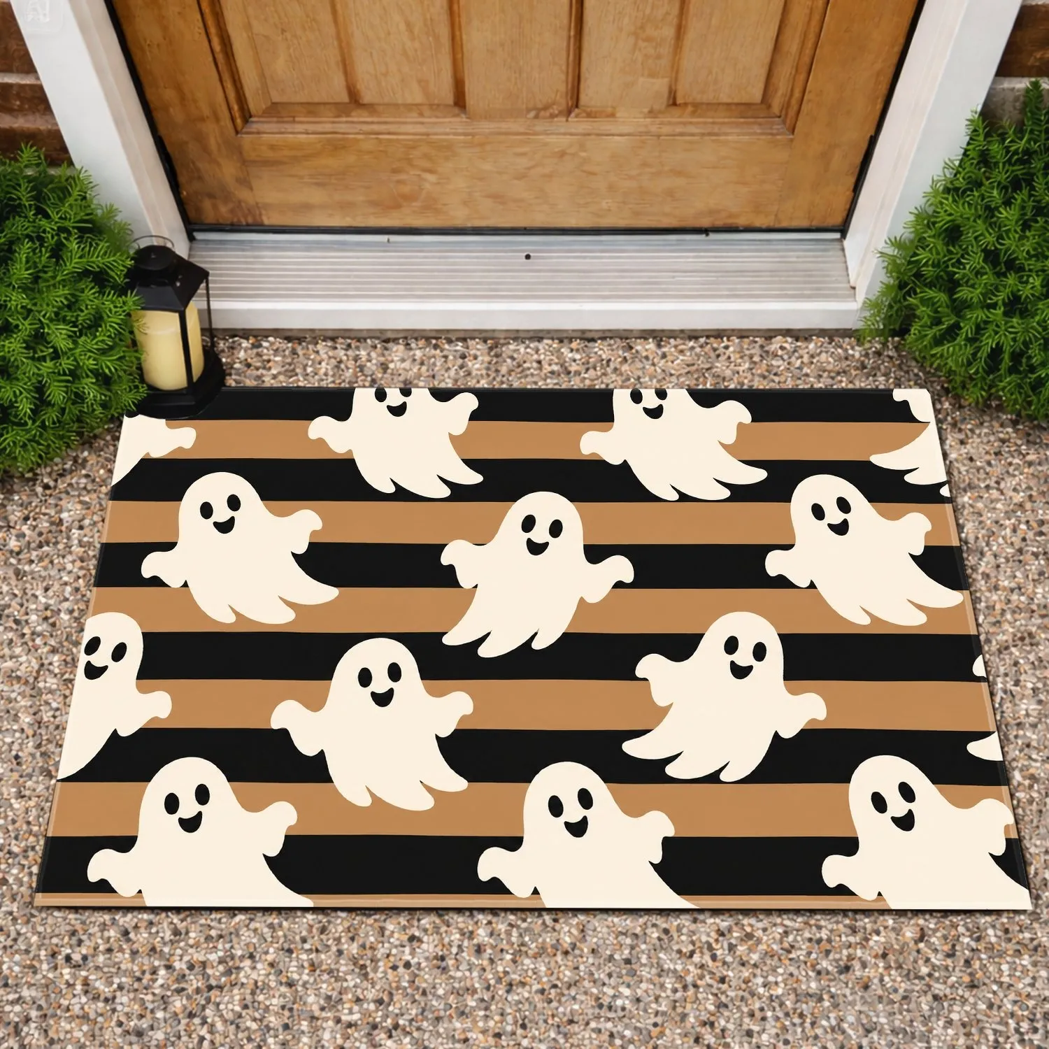 Cute White Ghosts on Black and Tan Stripes for Spooky Seasonal Entryway Charm Doormat - 1