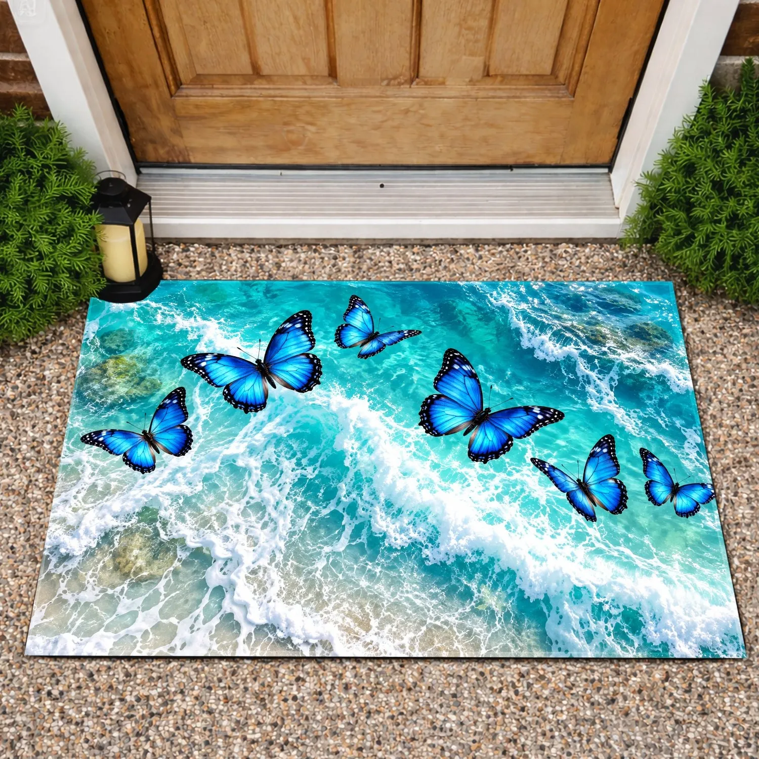 Vivid Blue Butterfly Ocean Waves for Coastal Summer Home Style and Nature Lovers Doormat - 1