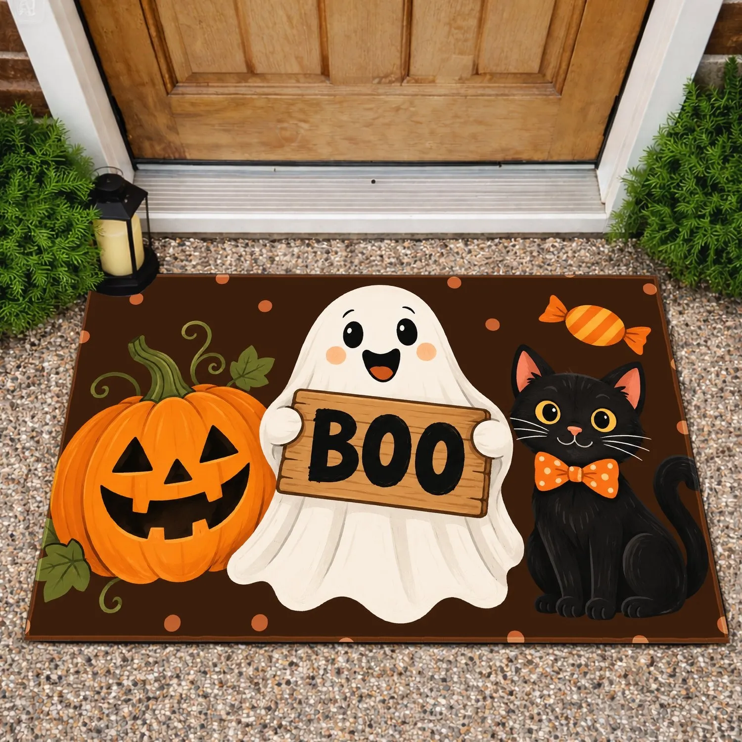 Black Cat, Pumpkin And Boo Ghost Halloween Entryway Decor For Spooky Season Charm Doormat - 1