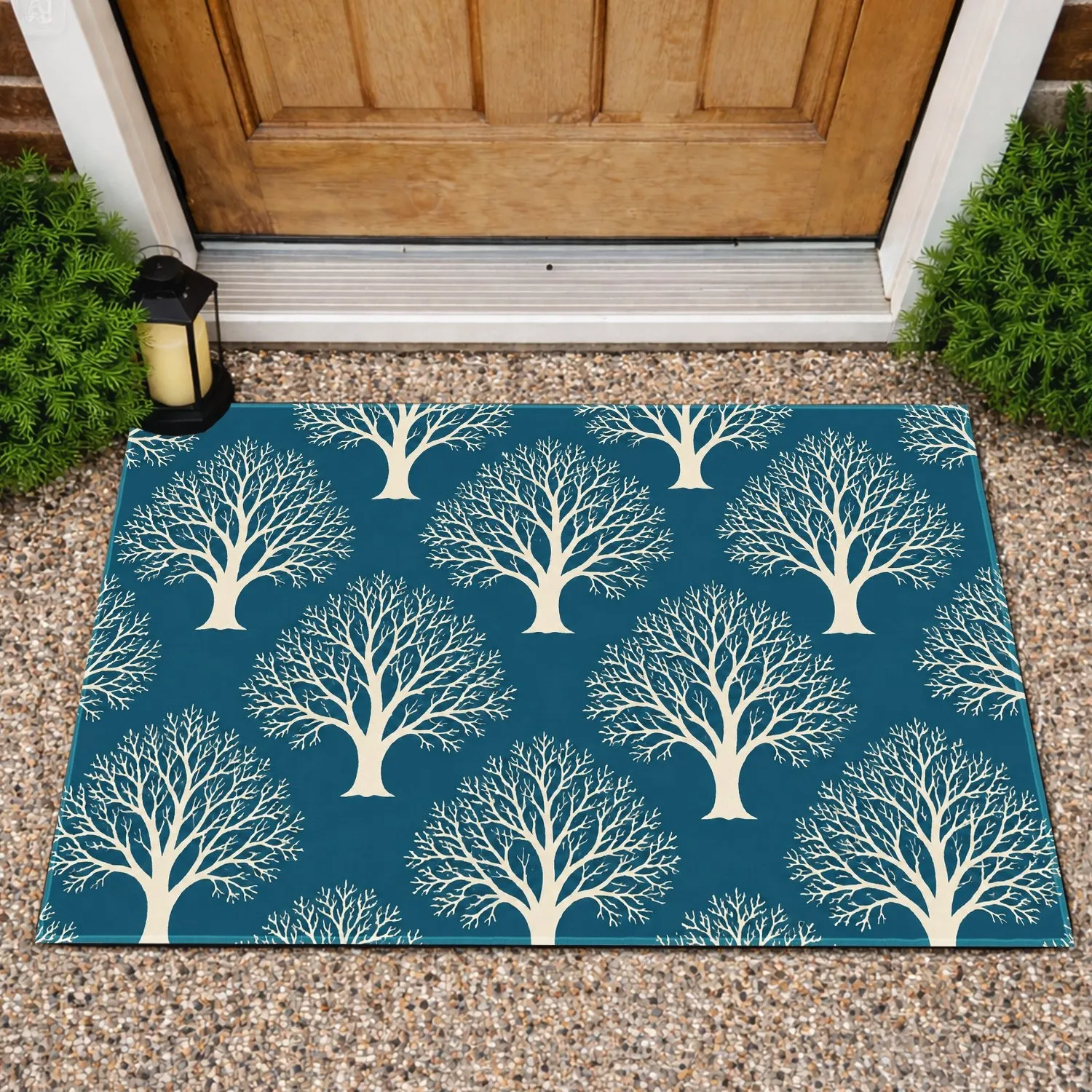Ivory Tree Silhouettes on Deep Teal for Calm Nature-Inspired Entryways and Cozy Homes Doormat - 1
