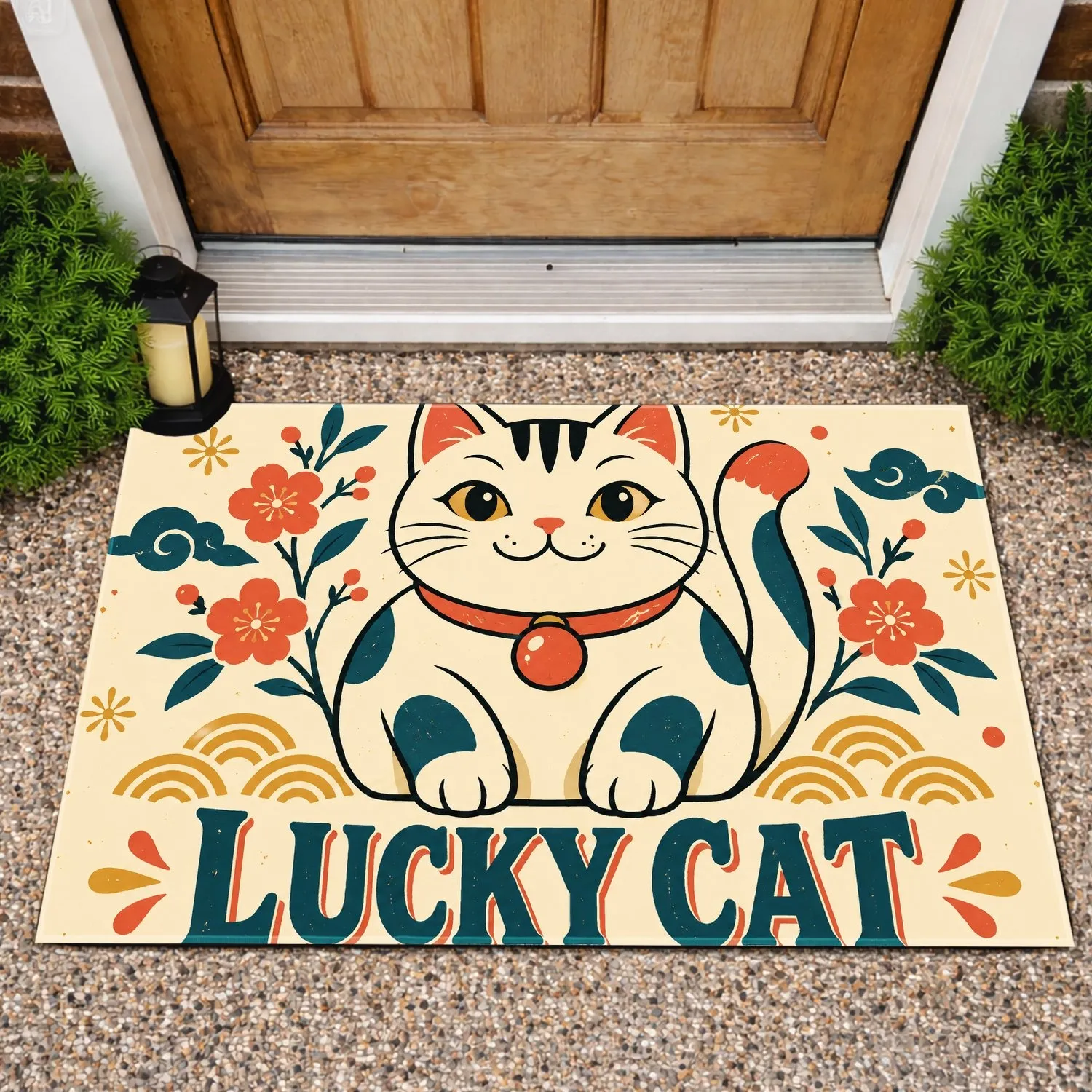 Lucky Cat Retro Charm for Good Fortune and Cheerful Entryway Style for Cat Lovers Doormat - 1