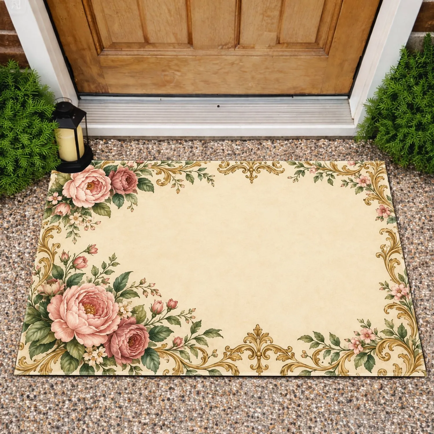 Vintage Pink Rose And Gilded Scrollwork For Elegant Cottage Entryways And Garden Homes Doormat - 1