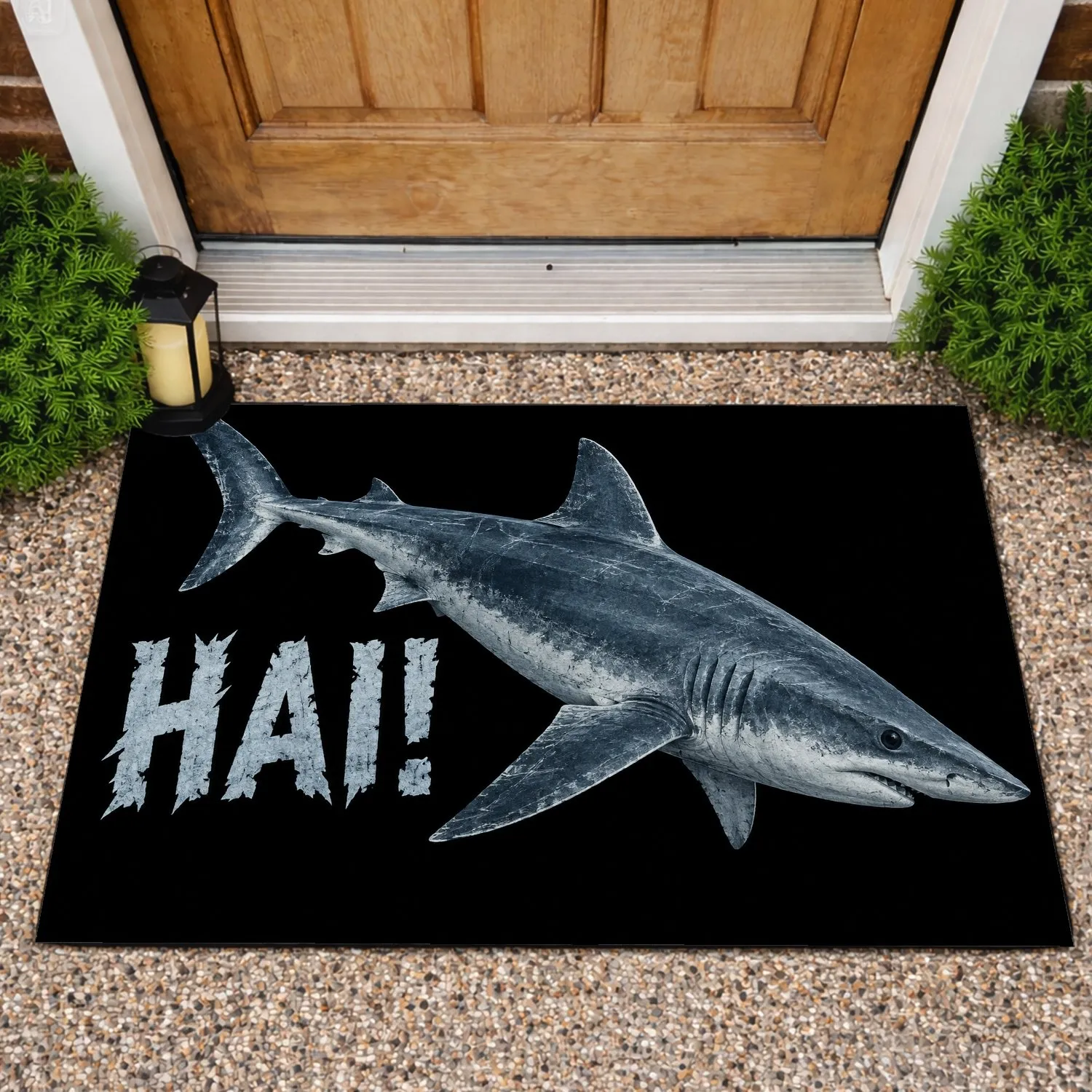 Shark Silhouette with HAI! for Bold Coastal Entryway Style for Ocean Life Fans Doormat - 1