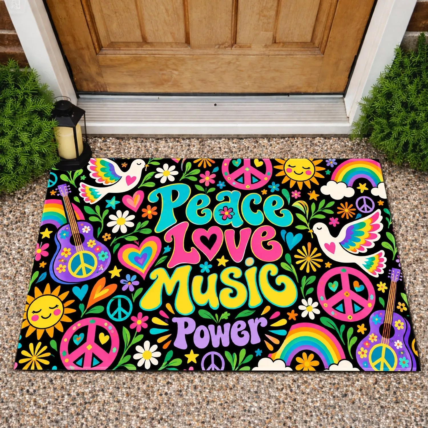 Colorful Psychedelic Peace Signs And Daisies For Free-Spirited Music Lovers At Home Doormat - 1