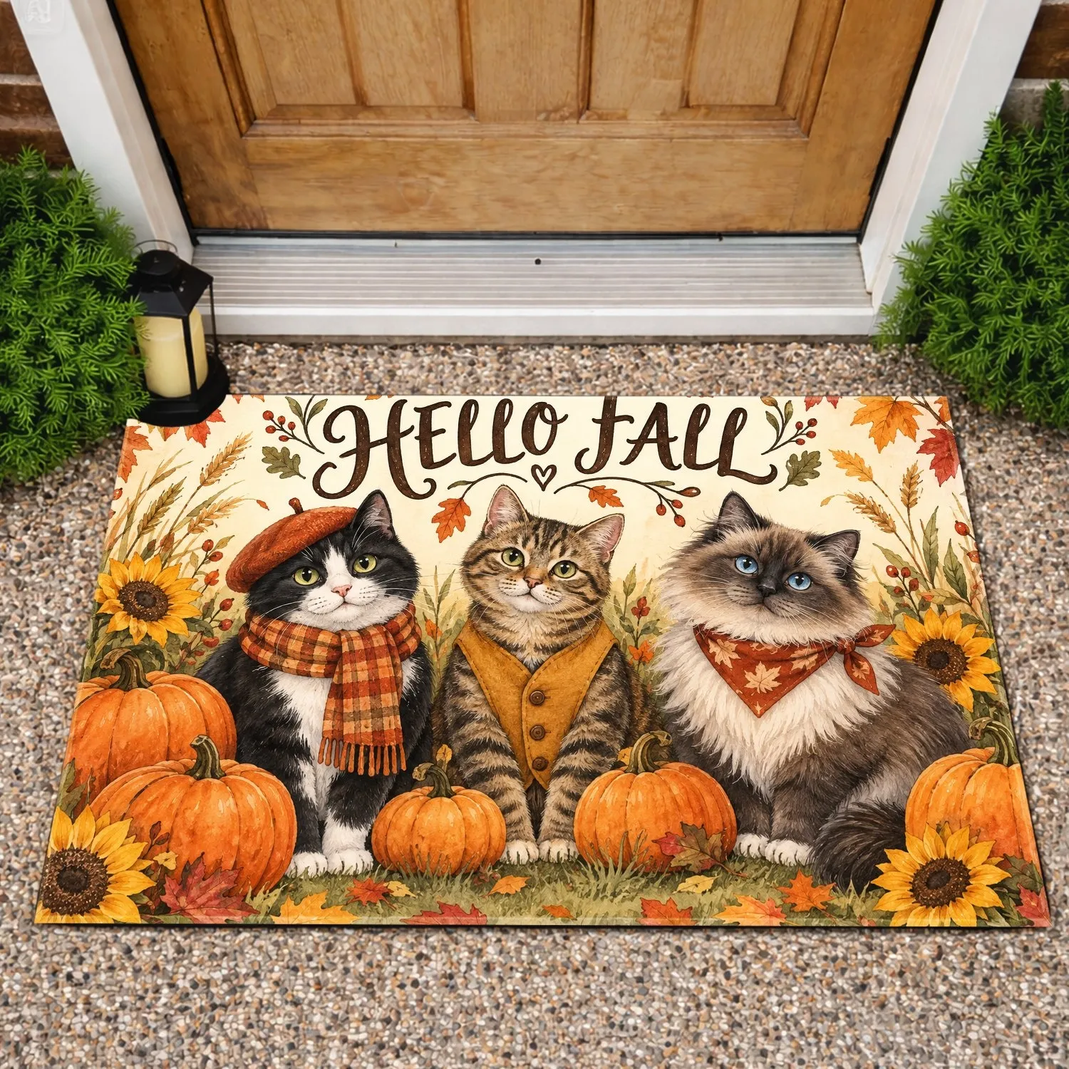 Three Autumn Cats with Pumpkins for Cozy Fall Entryway Seasonal Home Styling Doormat - 1