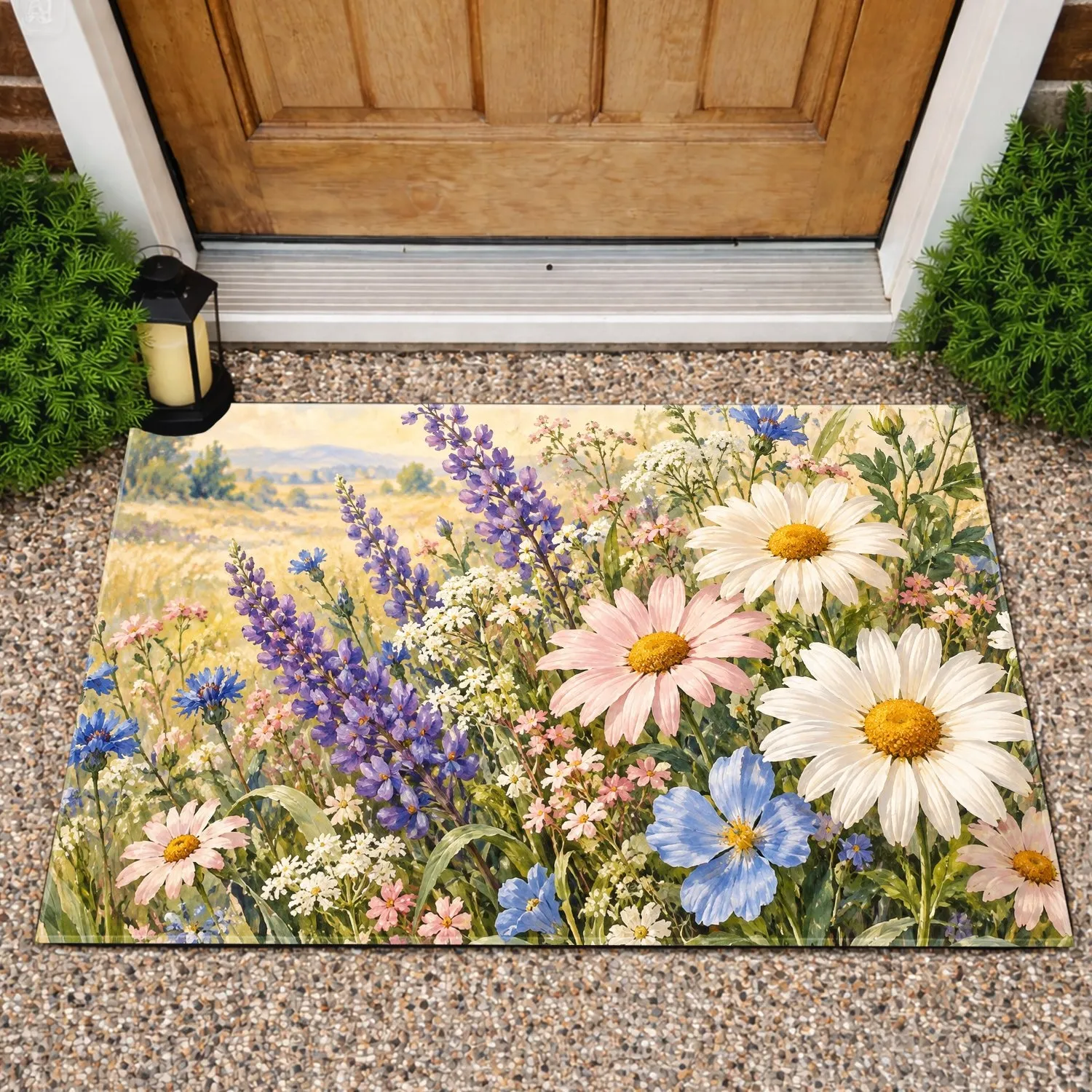 Lavender Daisy Wildflower Meadow for Cottage Garden Entryway and Nature Inspired Homes Doormat - 1