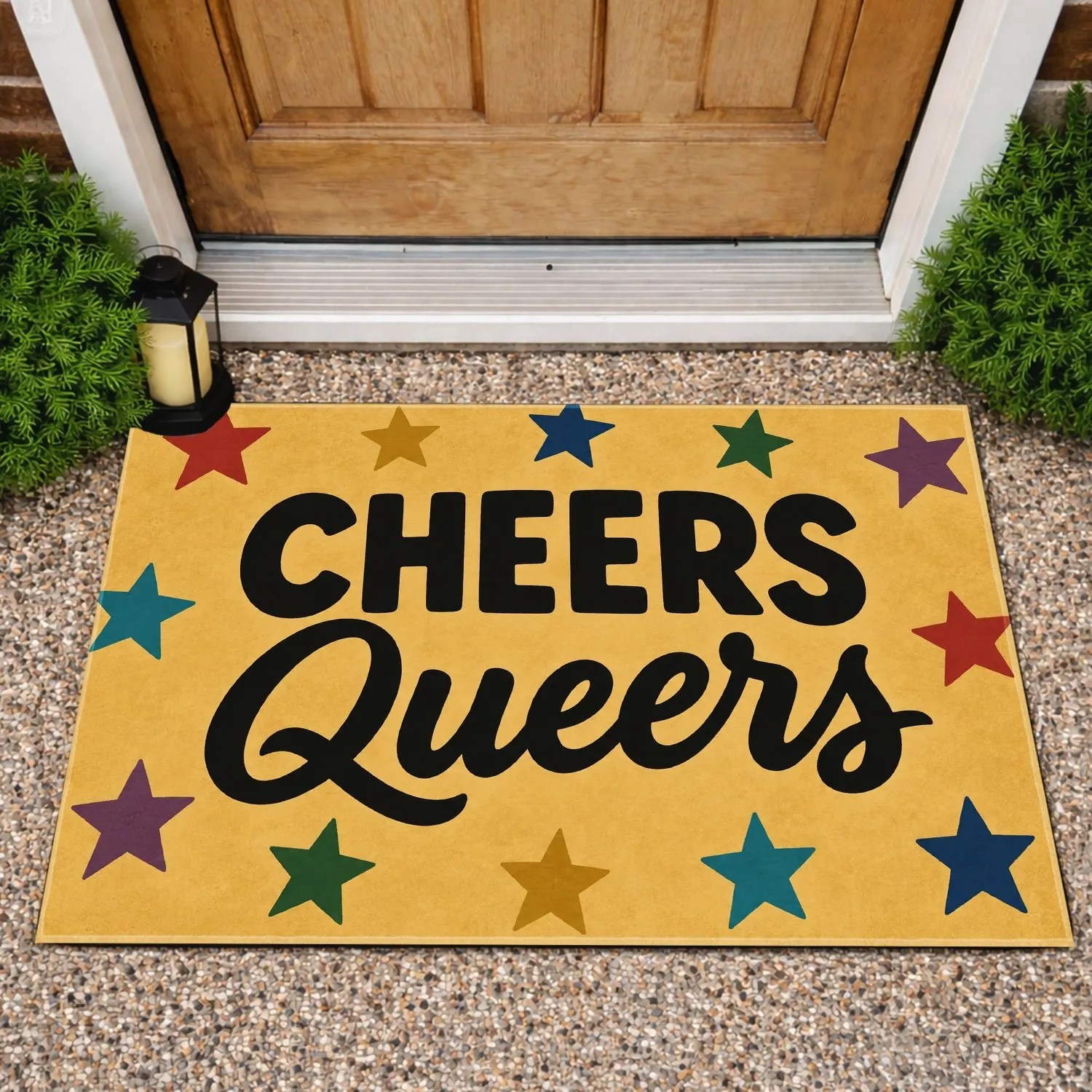 Colorful Stars and Cheers Queers Typography for LGBTQ Pride Month Home Celebrations Doormat - 1