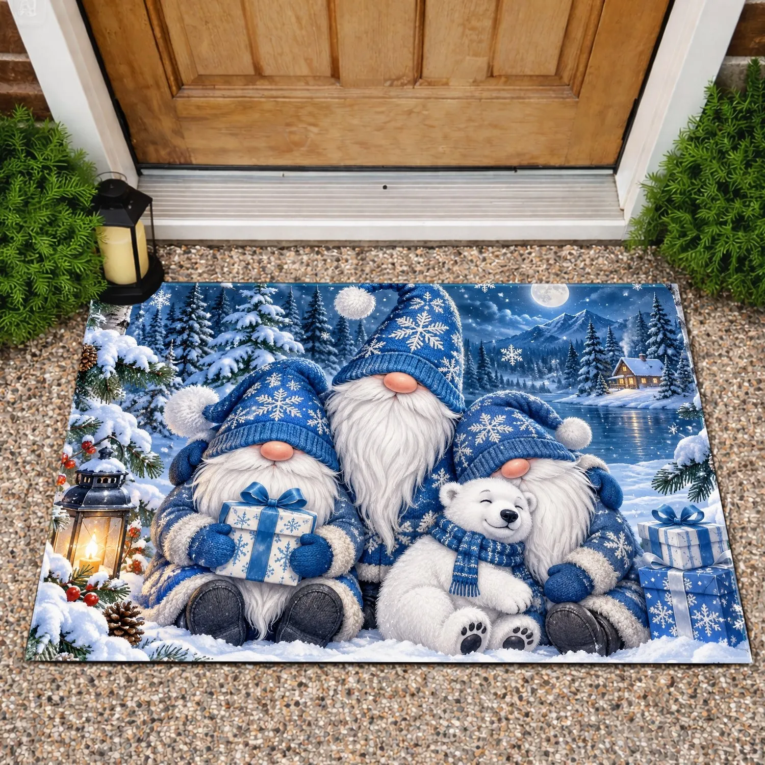 Blue Christmas Gnomes in a Snowy Evergreen Forest for Cozy Seasonal Home Decor and Cheer Doormat - 1