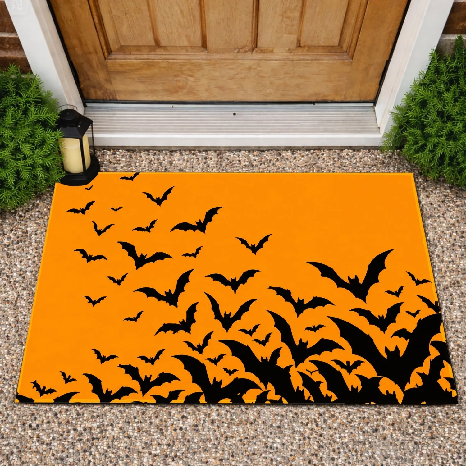 Black Bat Flock on Golden Orange for Halloween Entryway and Seasonal Home Decorating Doormat - 1