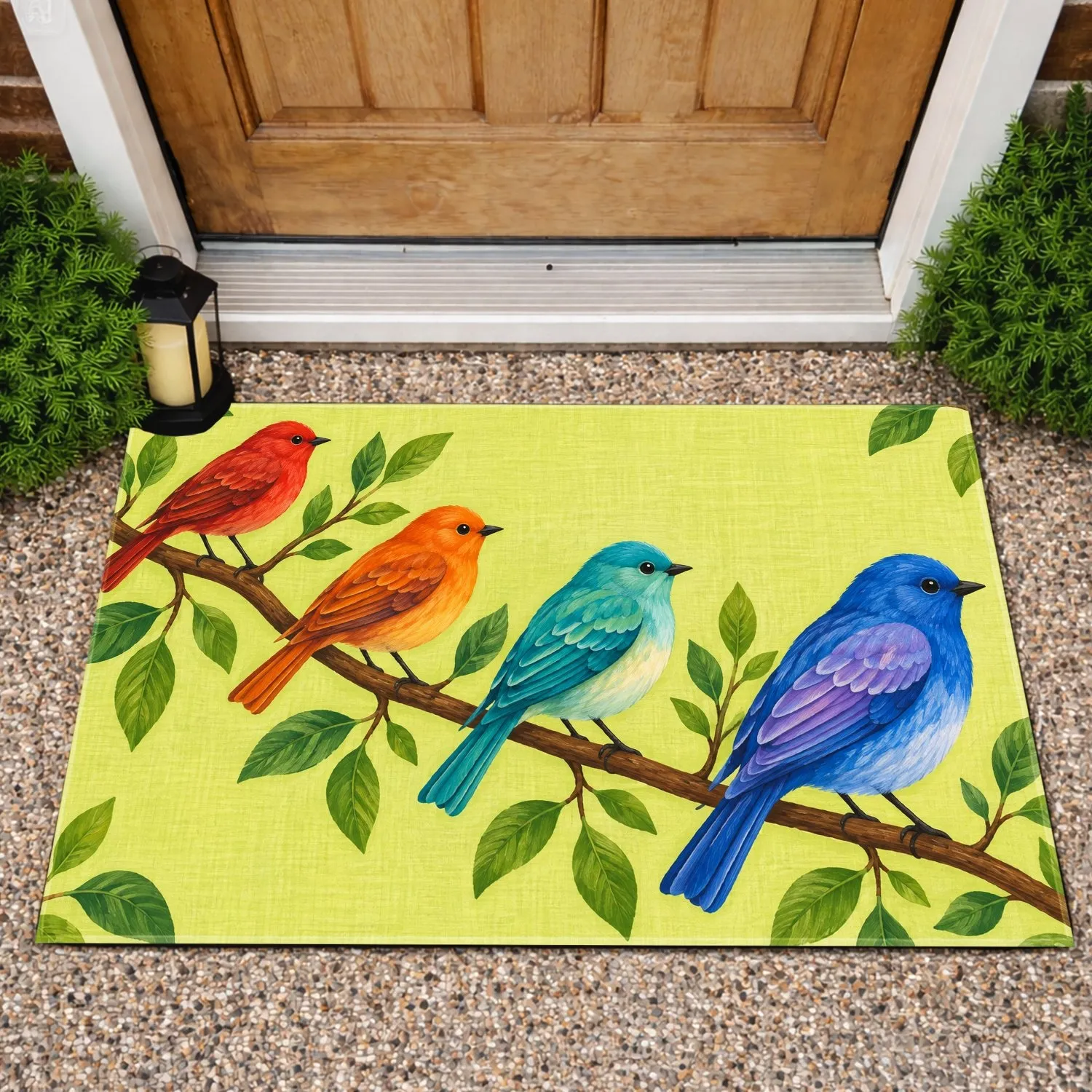 Colorful Perched Birds and Green Branch for Cheerful Nature-Inspired Home Decor Doormat - 1