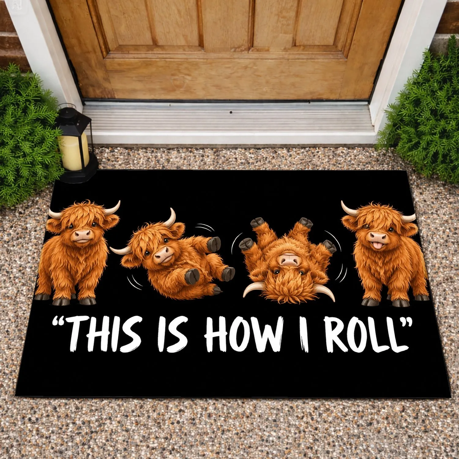 Playful Highland Cow Rolling Sequence for Rustic Farmhouse Entryway Everyday Charm Doormat - 1