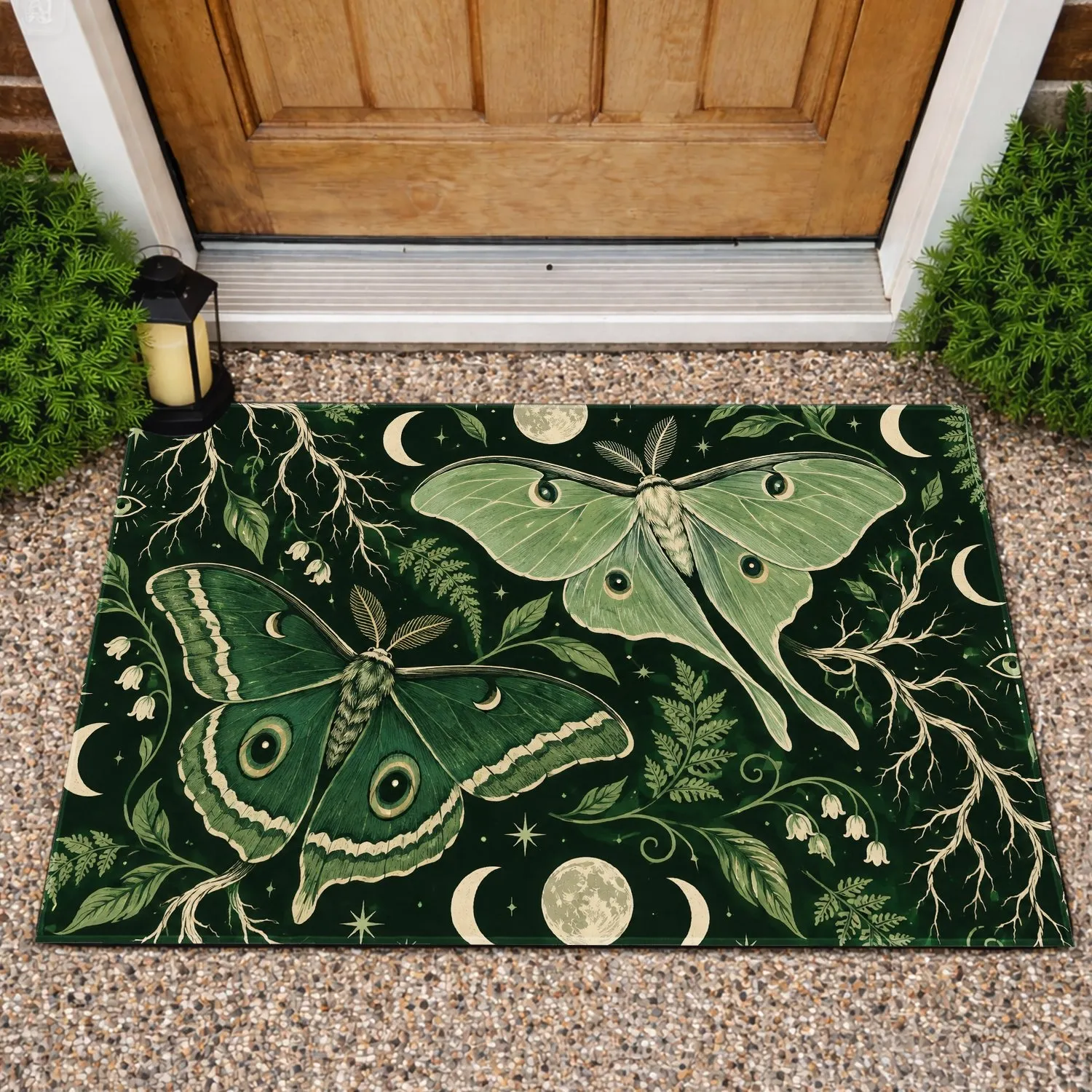 Sage Green Moths And Moon Phases For A Botanical Nighttime Home Doormat - 1