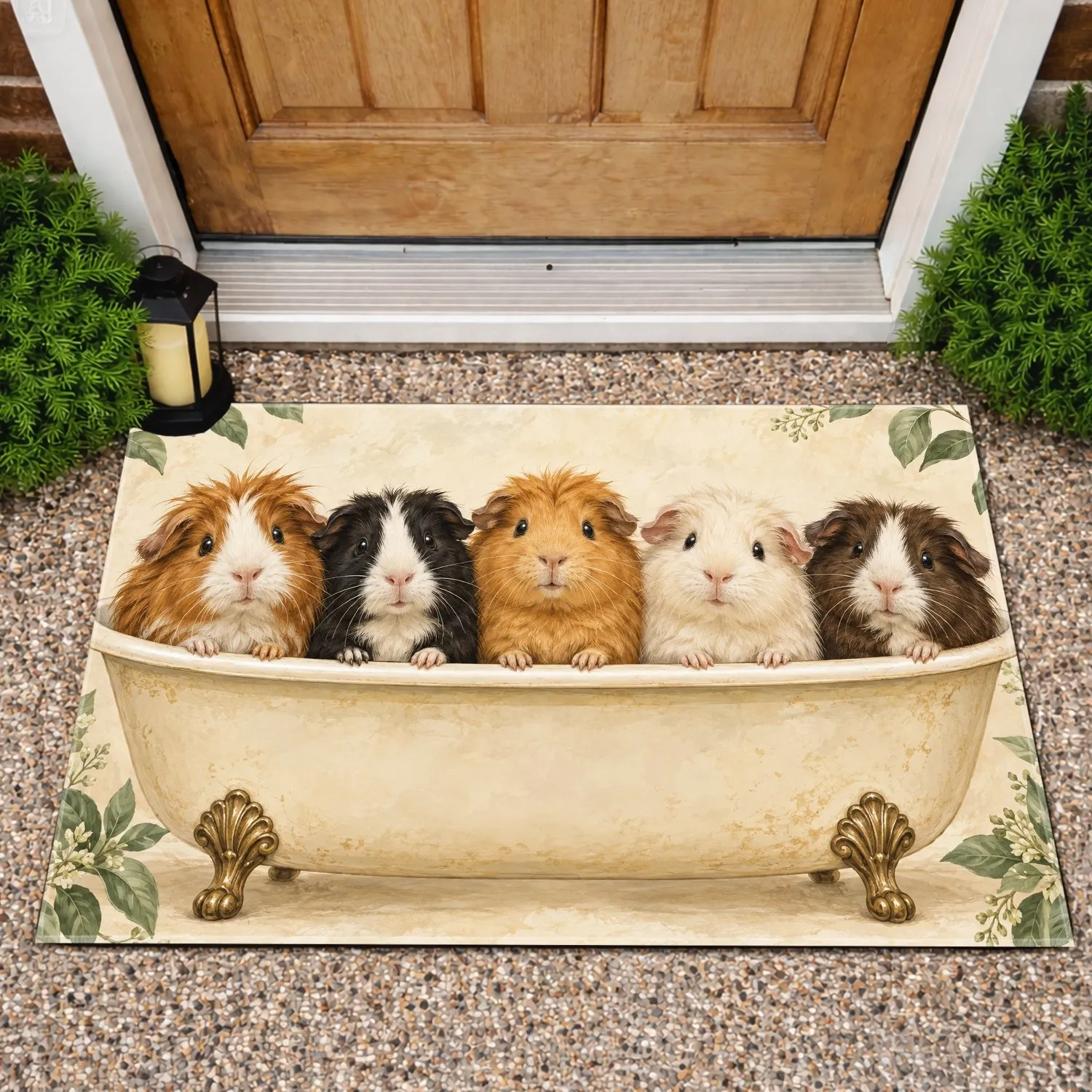 Five Guinea Pigs Peeking From a Vintage Tub for Cozy Pet Lover Home Entryway Charm Doormat - 1