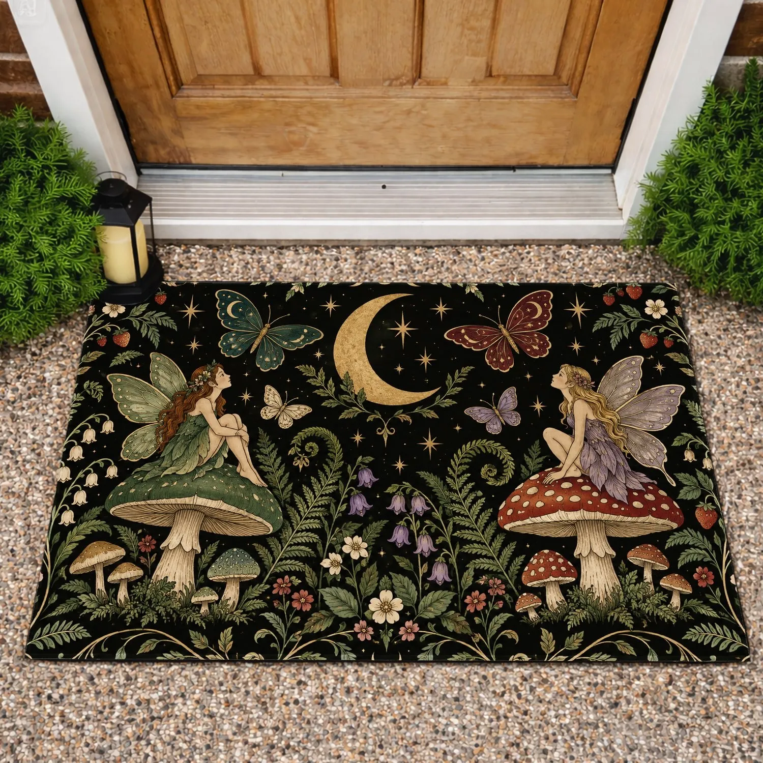 Moonlit Mushroom Forest With Butterflies for Whimsical Cottage and Woodland Homes Doormat - 1
