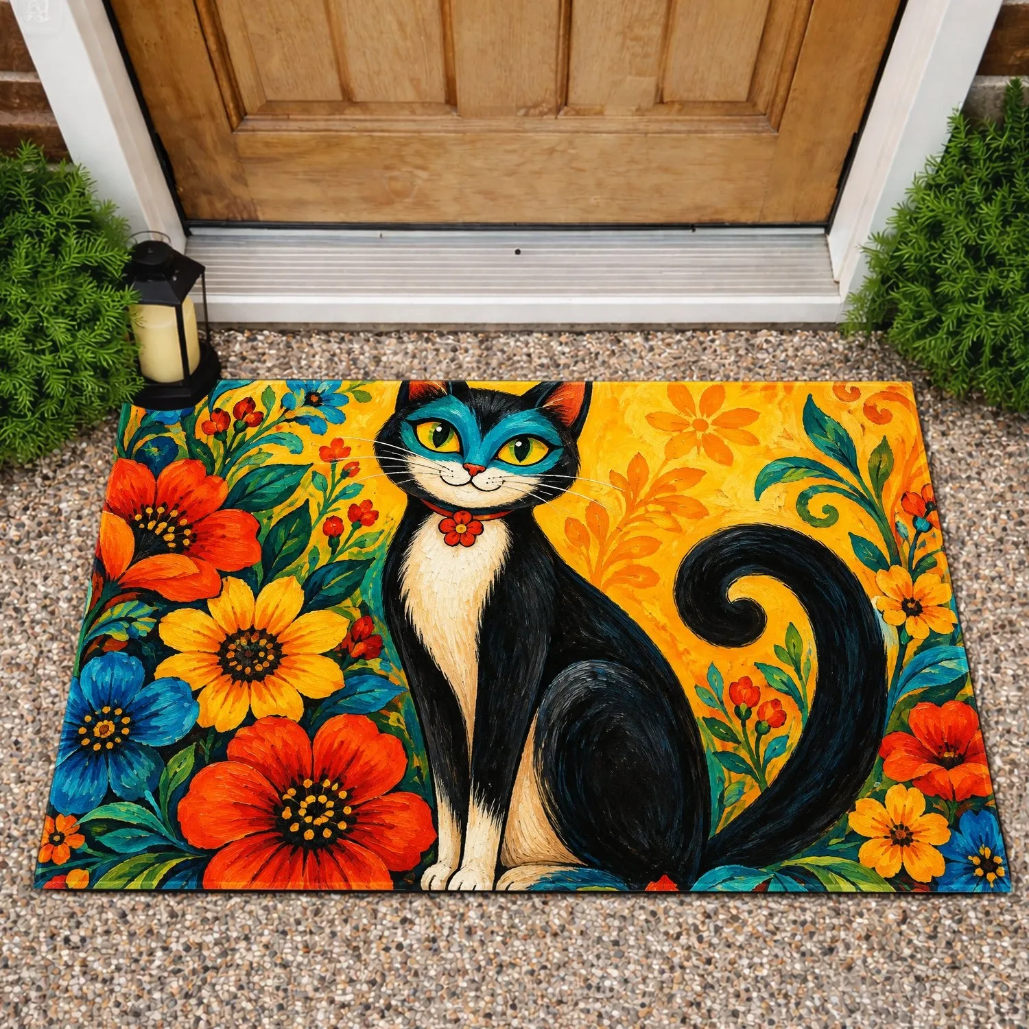 Colorful Black Cat with Flowers for Cheerful Pet-Loving Homes and Cozy Interiors Doormat - 1