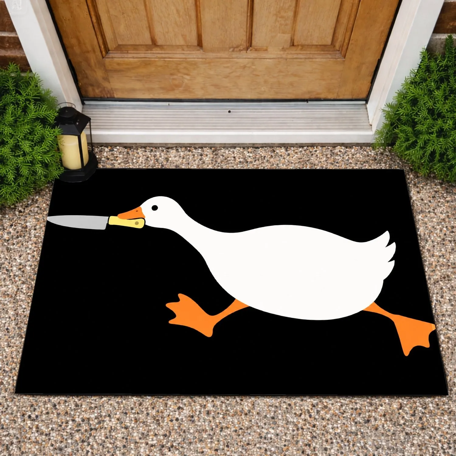 Funny White Duck Holding a Knife for Quirky Kitchen and Entryway Decor and Duck Lover Gifts Doormat - 1