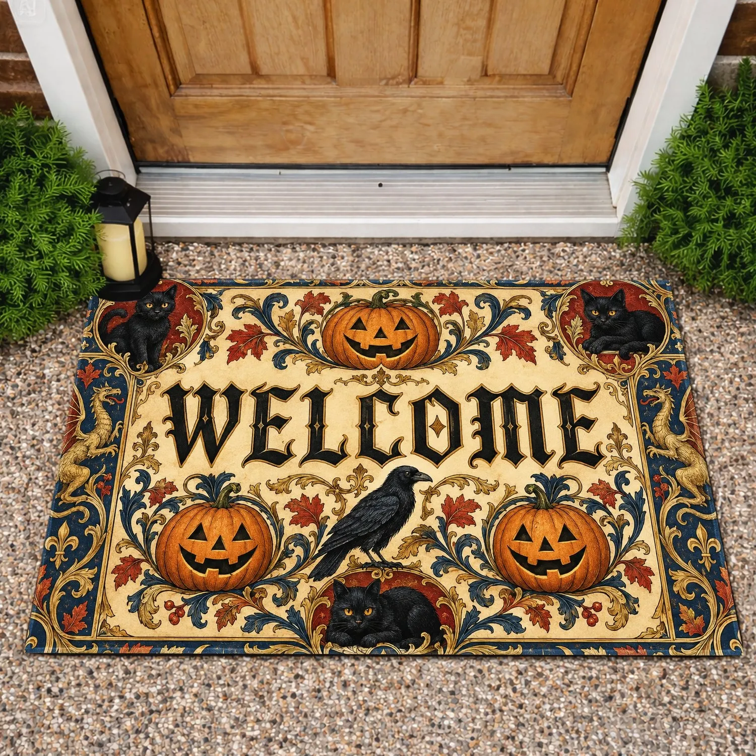 Vintage Halloween Pumpkins, Raven and Black Cats for a Welcoming Seasonal Entryway Doormat - 1