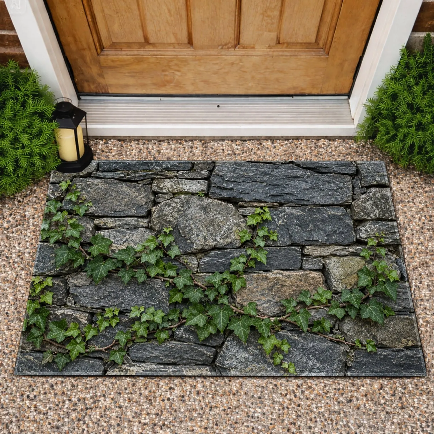 Weathered Stone Wall with Green Ivy for Rustic Farmhouse Entryway and Nature Lovers Doormat - 1