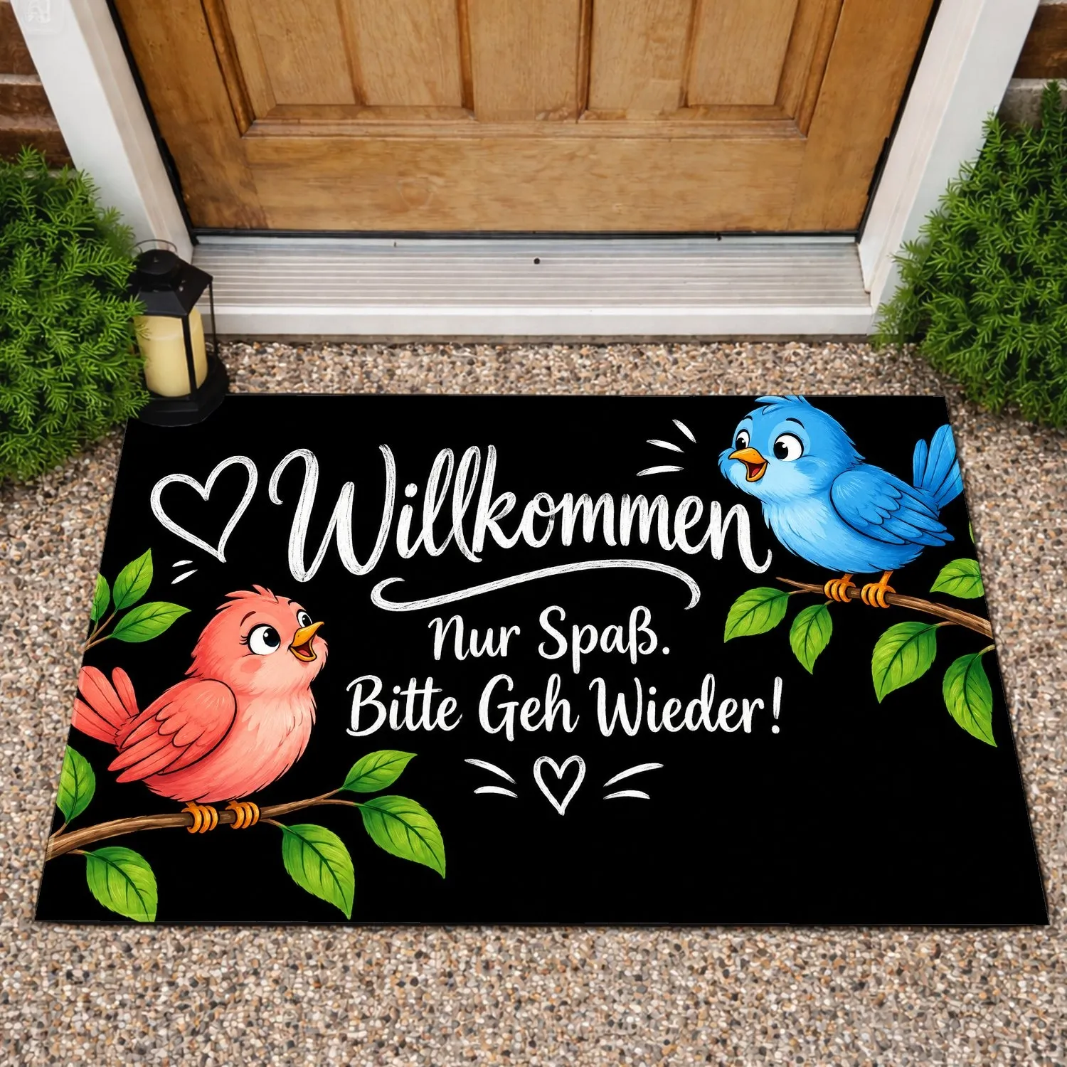 Blue and Coral Birds with Playful German Greeting for Quirky Home Entryways and Kitchens Doormat - 1