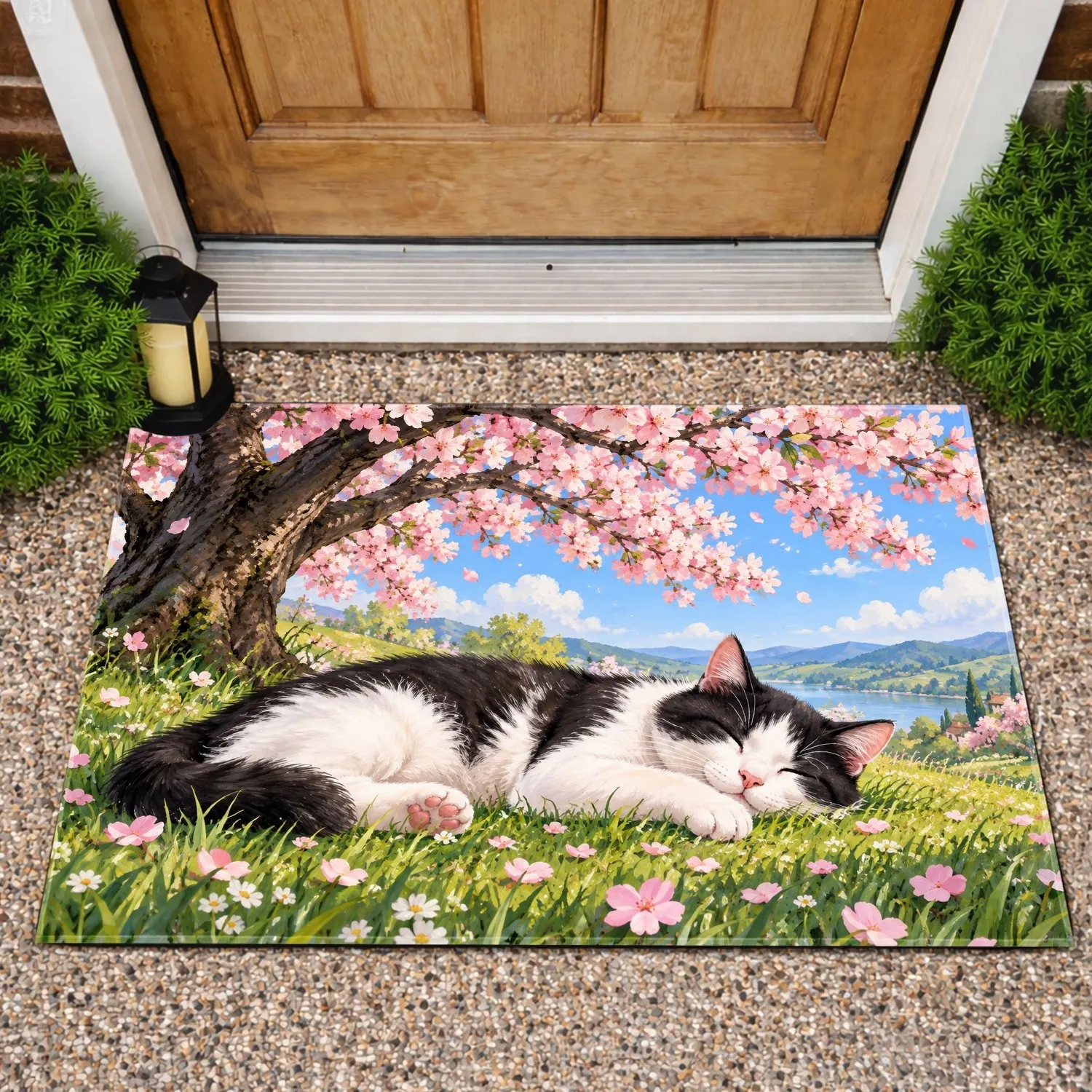 Black And White Cat Beneath Cherry Blossoms For Peaceful Spring Home Decor Lovers Doormat - 1