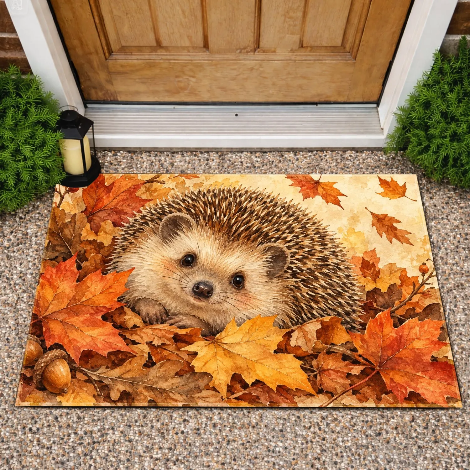 Sweet Watercolor Hedgehog Amid Autumn Leaves for Cozy Seasonal Home Living Spaces Doormat - 1