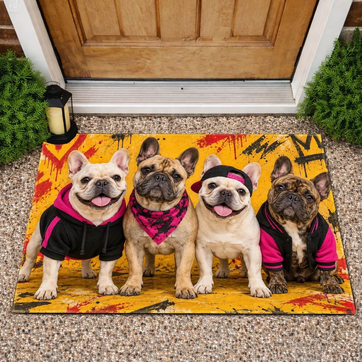 Four French Bulldogs in Streetwear for Playful Dog Lover Home and Entryway Style Doormat - 1