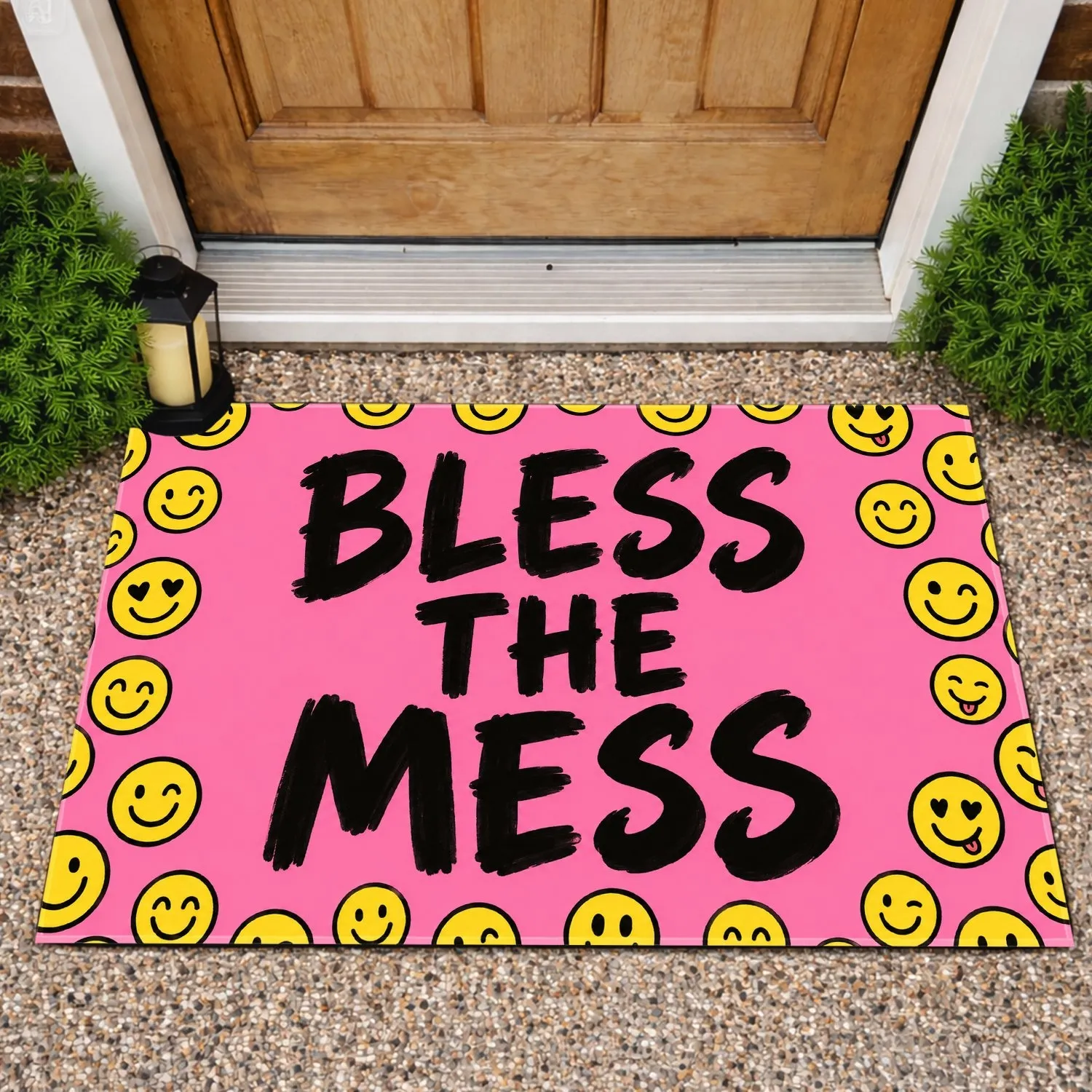 Bless The Mess Pink Smiley Border Accent For Cheerful, Playful Everyday Entryways At Home Doormat - 1
