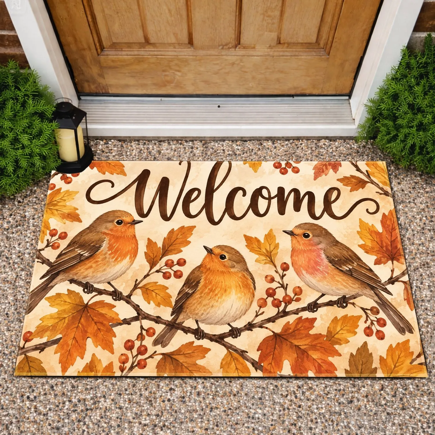 Autumn Songbirds and Welcome Lettering for a Cozy Fall Seasonal Home Entryway Accent Doormat - 1