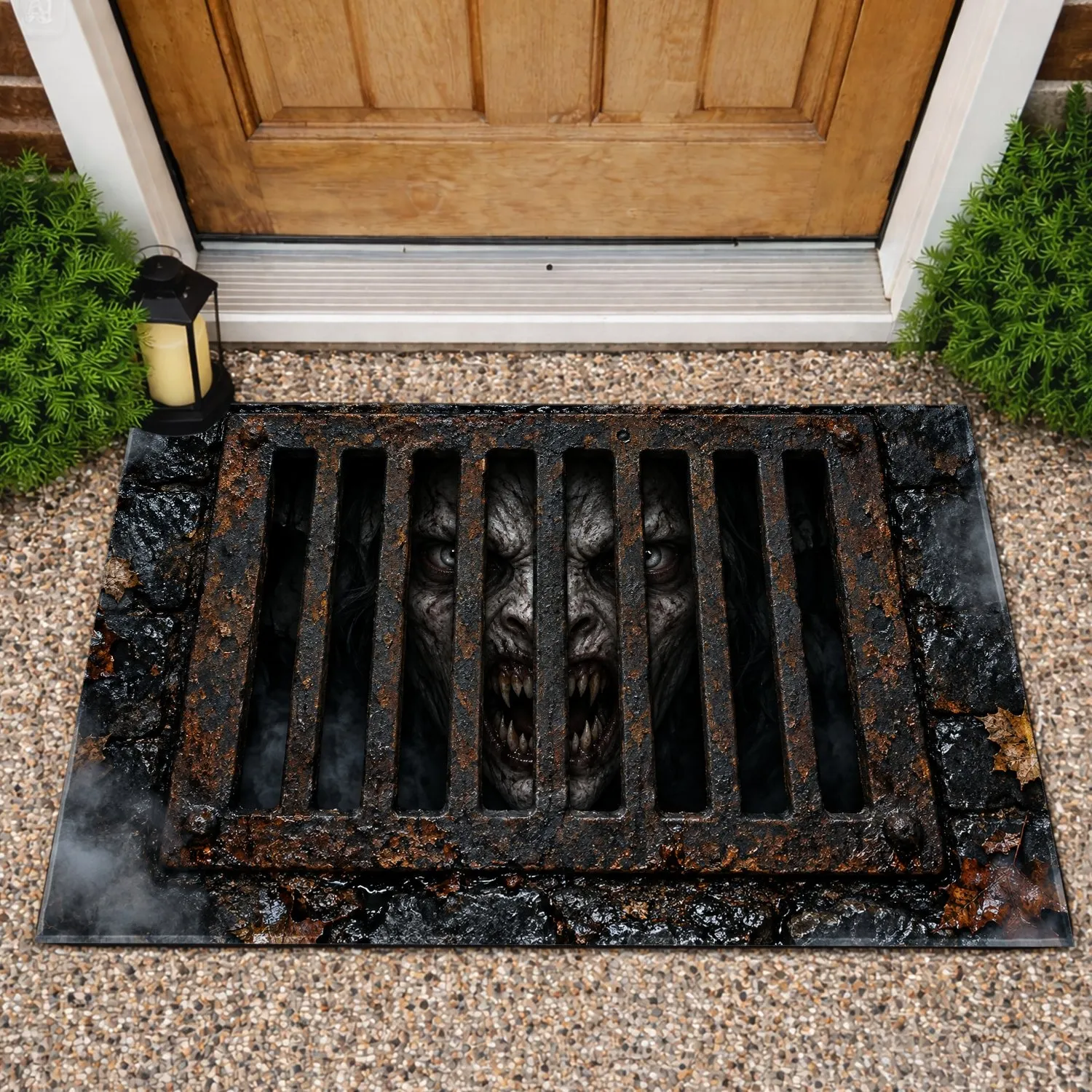 Haunted Sewer Grate Monster Halloween Horror Scene for Spooky Seasonal Decor Doormat - 1