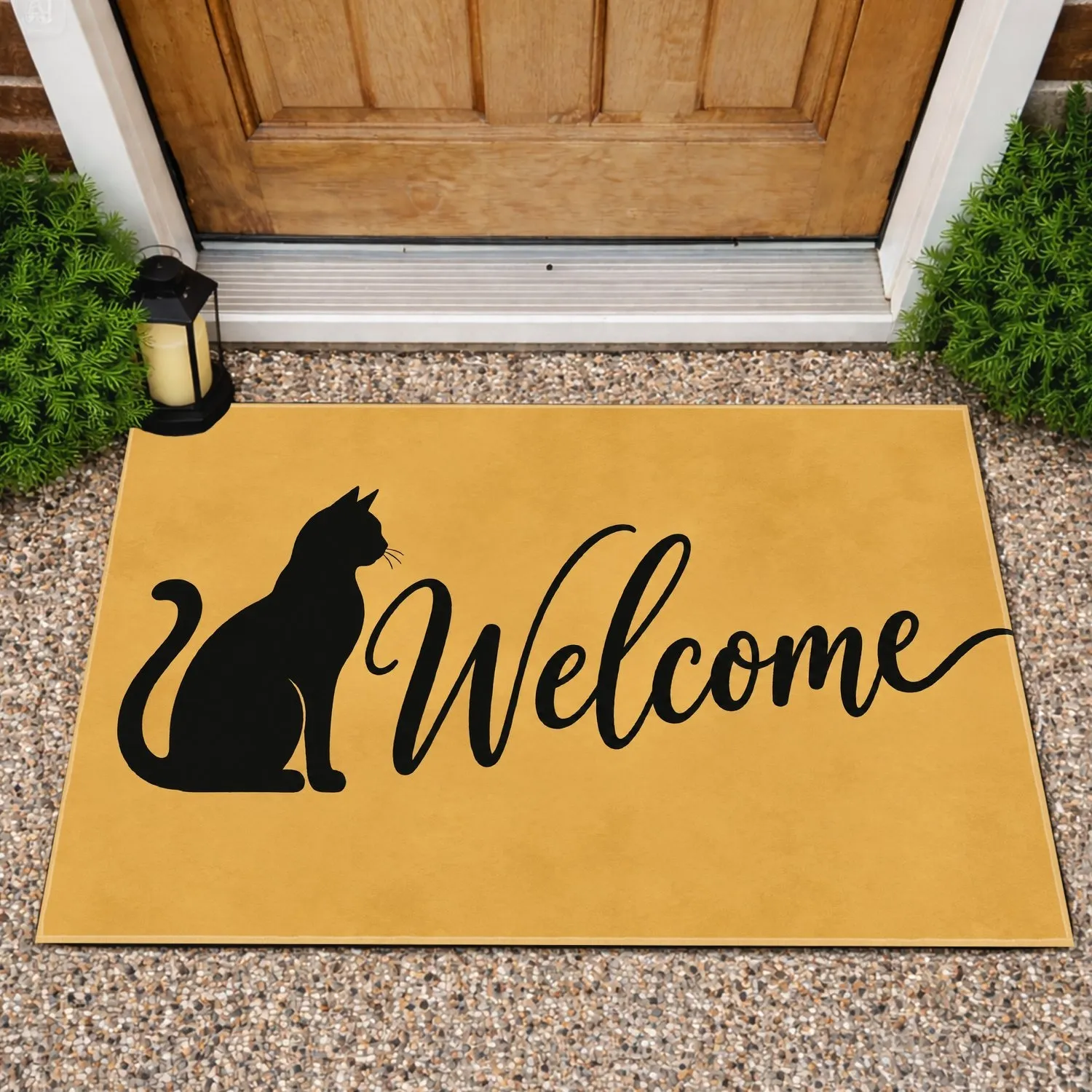 Black Cat Silhouette Welcome Lettering for Pet Lovers and Cozy Farmhouse Home Entryways Doormat - 1