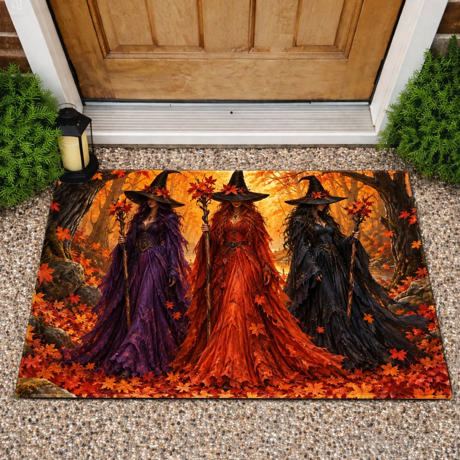 Three Autumn Witches for Halloween Seasonal Home Decor and Cozy Fall Entryways Doormat - 1