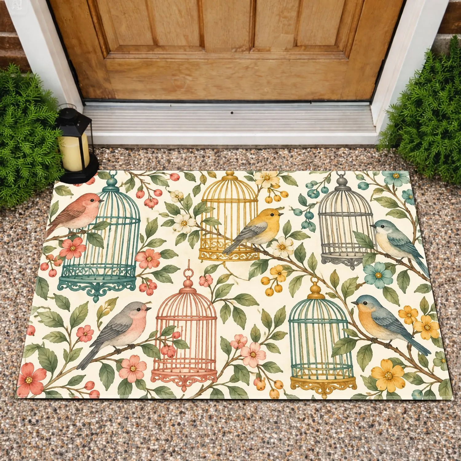 Birdcage And Songbird Garden For A Cheerful Pastoral Entryway Doormat - 1