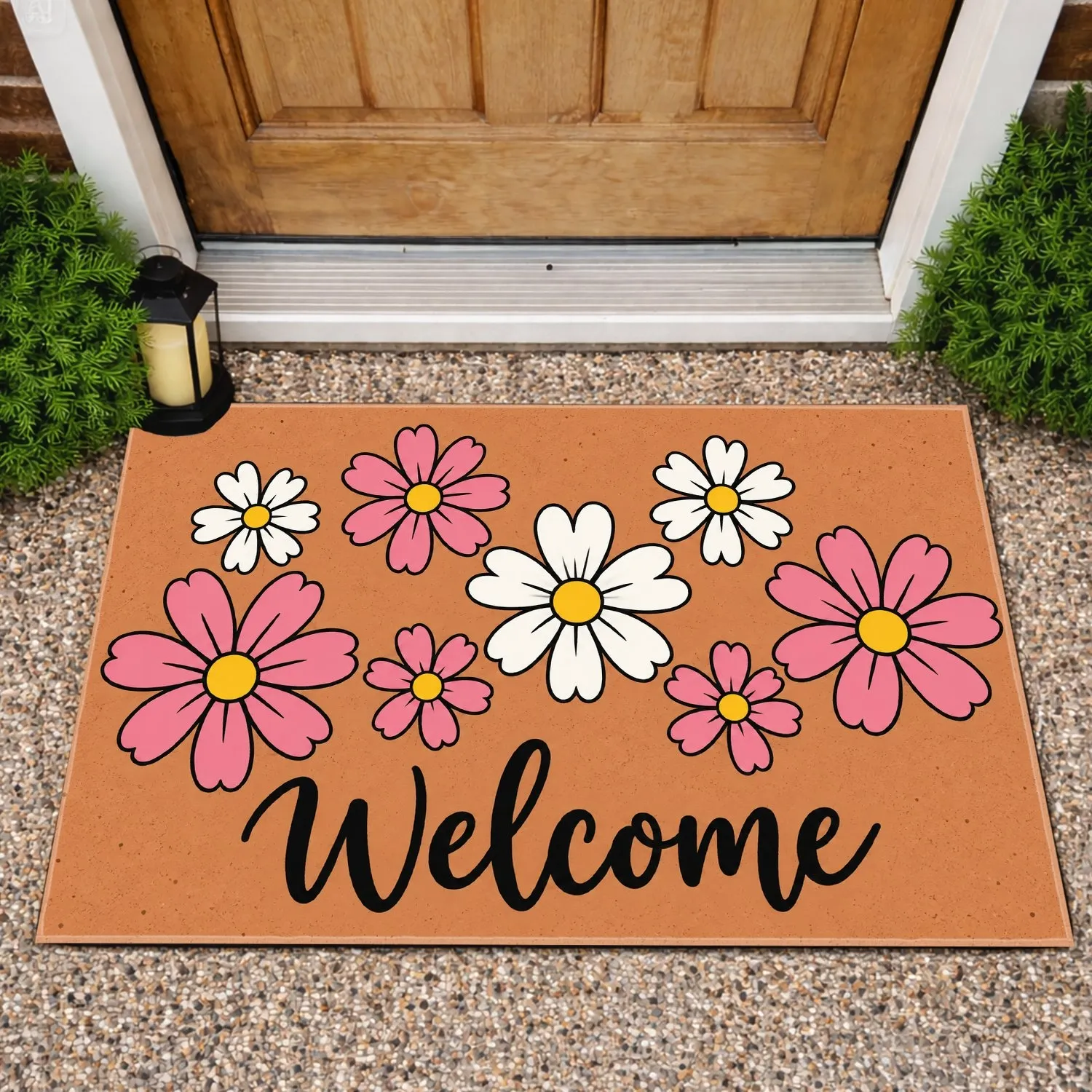 Pink And White Daisy Welcome Floral Greeting for Fresh, Cheerful Home Entryway Style Doormat - 1