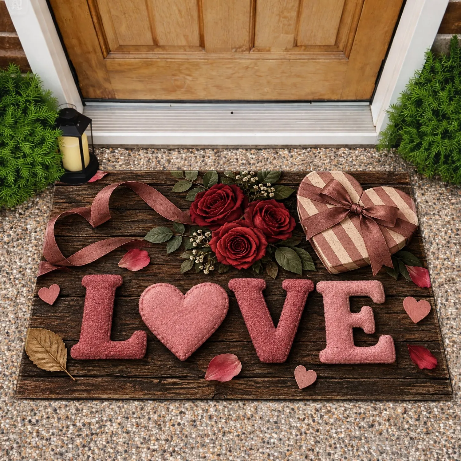 Rustic Wood LOVE Hearts and Roses for Valentine’s Day Romance and Anniversary Gifting Doormat - 1